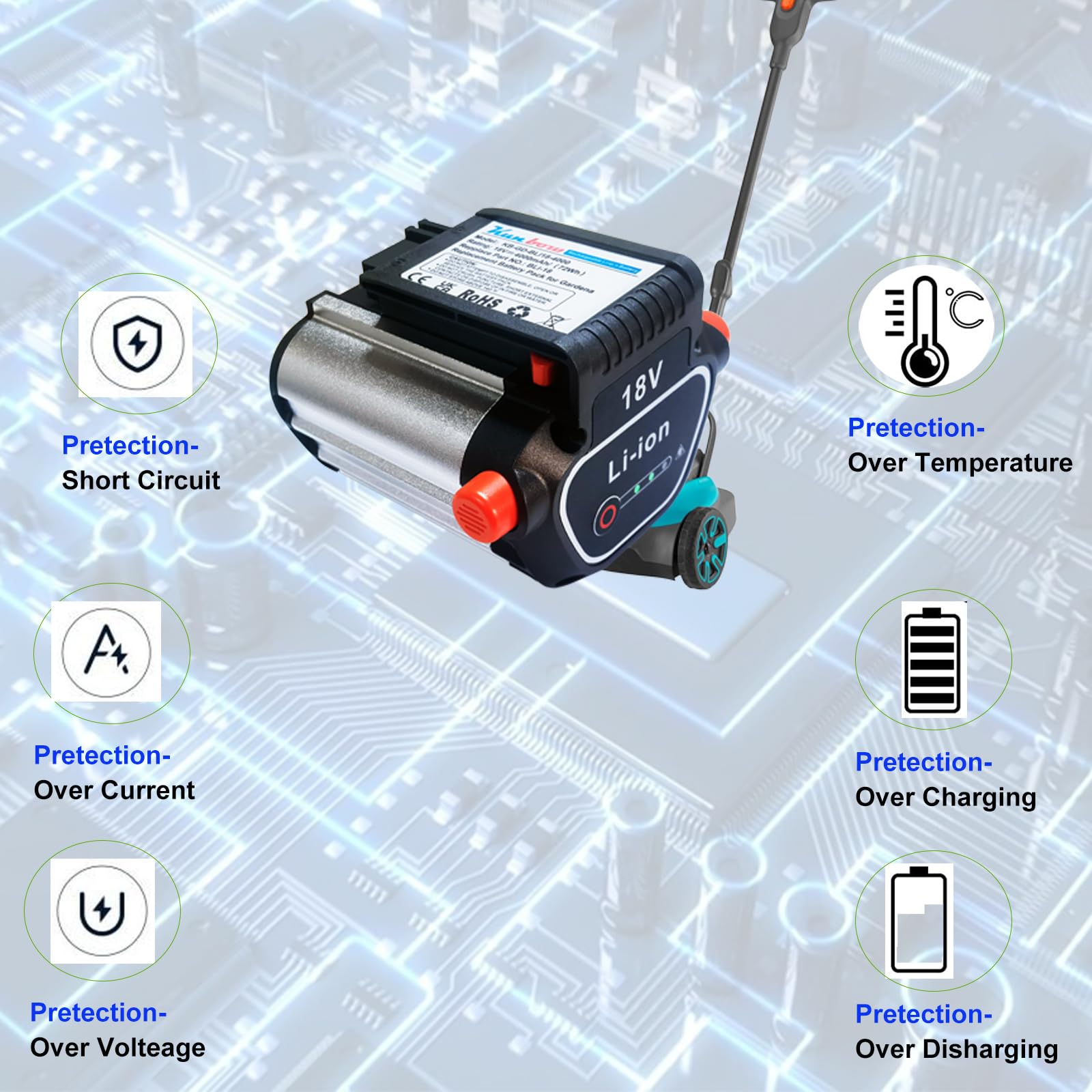 Batteria di ricambio per robot tosaerba Gardena BLi-18 9840-20 9839-20, compatibile con attrezzi Gardena 18 V agli ioni di litio (18 V/72 Wh)