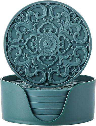 Miniatura 11 de Colinda Juego de 6 posavasos de silicona con soporte, alfombrillas antideslizantes para bebidas frías y calientes, diseños decorativos, embalaje