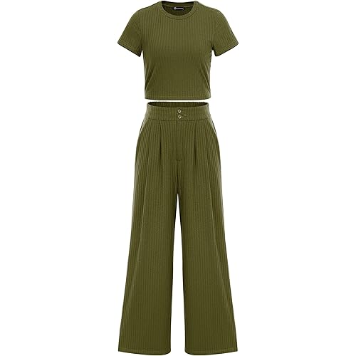 PRETTYGARDEN Women's Summer Knit 2 Piece Outfit Short Sleeve Crop Tee Tops Wide Leg Pants Set Tracksuit Loungewear