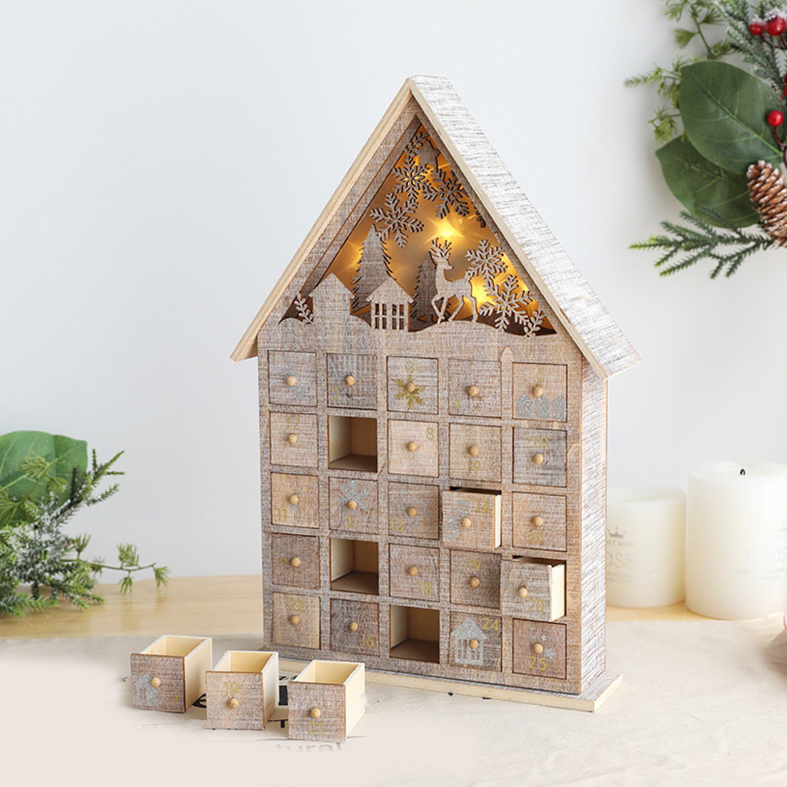Festival Adventskalender Aus Geschnitztem Holz Beleuchteter Adventskalender Aus Holz Mit 24 Schubladen Und Weihnachtsbaum Rentier Dekorationen Einzigartige Weihnachten