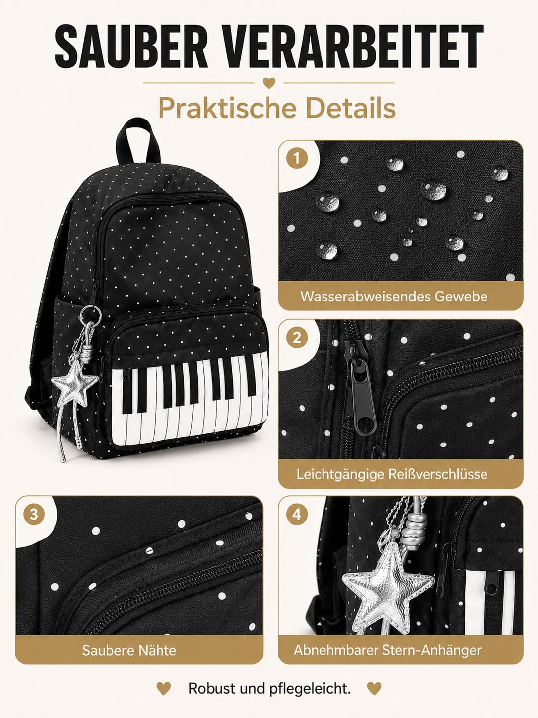 Piano Casual Rucksack, Polka Dot Music Backpack with Star Charm, Large Capacity Laptop School Bookbag for Women Girls College Travel (Schwarz+Weiß)