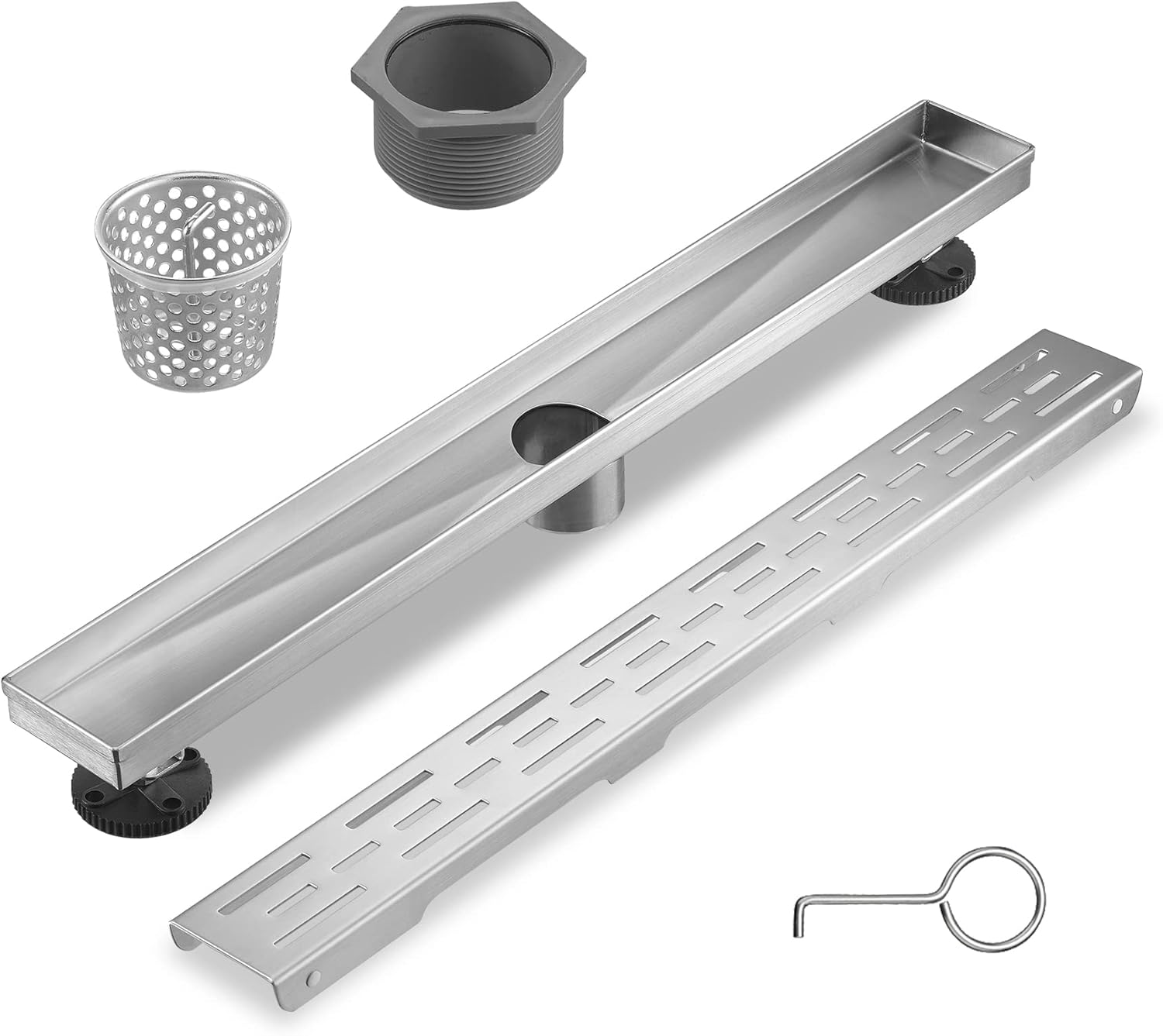 Sharp-tec Linear Shower Drain, 32 inch Shower Drain with Removable Pattern Cover, Brushed Nickel 304 Stainless Steel Rectangle Floor Drain, Adjustable Feet and Hair Strainer Included (Model 101) Brushed Nickel 32 inch