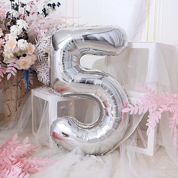 Luftballon Zahl 5 Silber, Riesen Nummer 0 1 2 3 4 5 6 7 8 9 10-19 20-29 30-39 40 50 60 70 80 90 100, groß Folienballons für Hochzeit Jubiläum, Geburtstagsballons Party Dekoration - 2