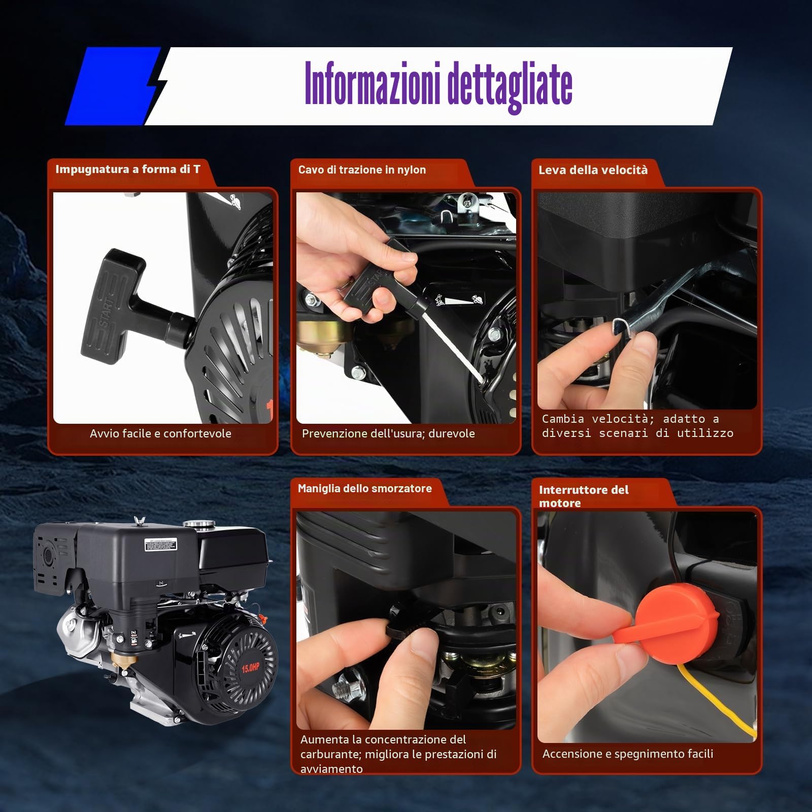 Motore a benzina 420CC, 15 CV, 9,7 KW, motore fisso, motore per kart, motore a 4 tempi, avviamento elettrico, raffreddamento ad aria, motore a quattro tempi