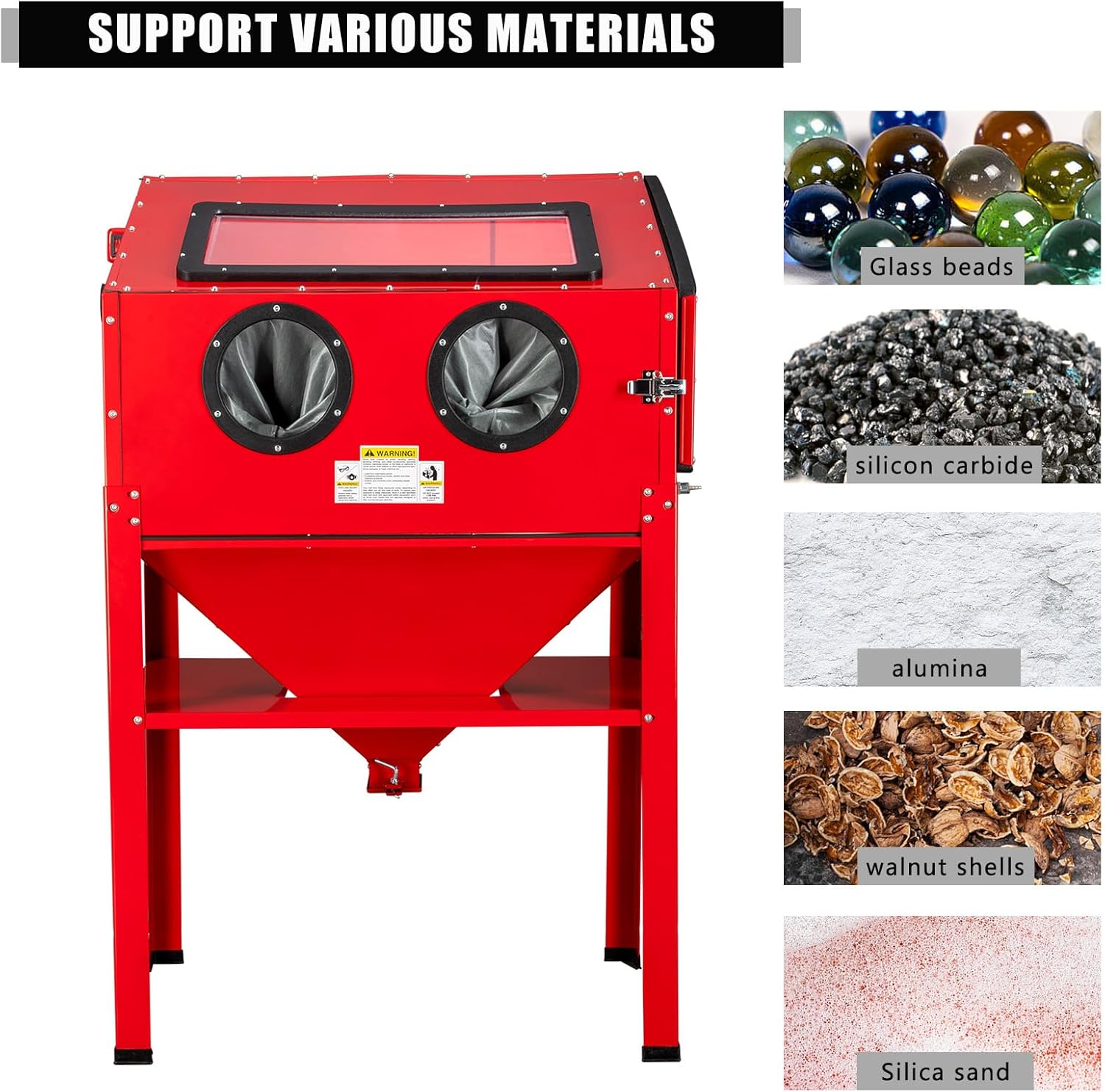 Various abrasive media types including glass beads, silicon carbide, alumina, walnut shells, and silica sand