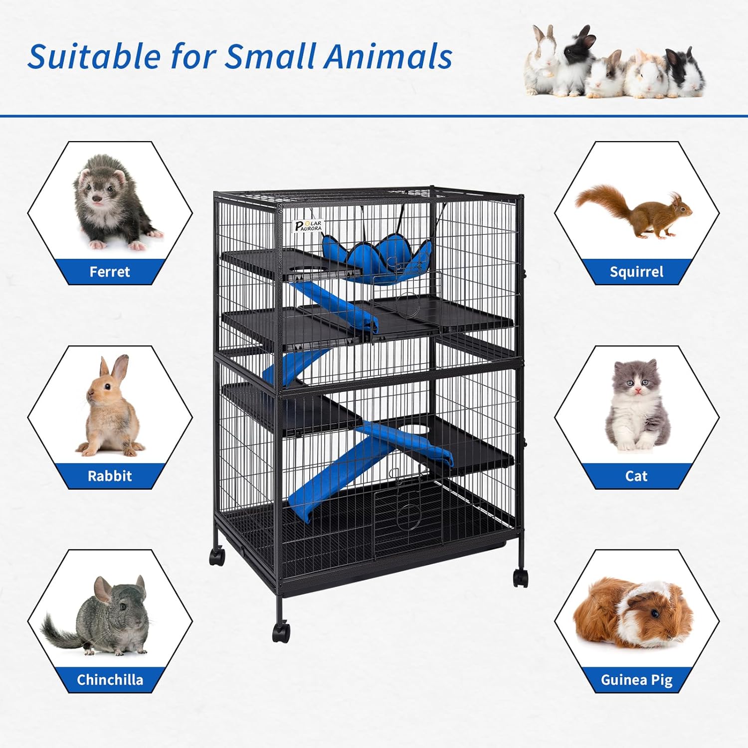 Polar Aurora Metal Small Animal Cage 5 Tiers Homes for Pets Removable Ferret Cage with Lockable Wheels, 50" H Deluxe Chinchilla Cage with Hammock and Removable Tray