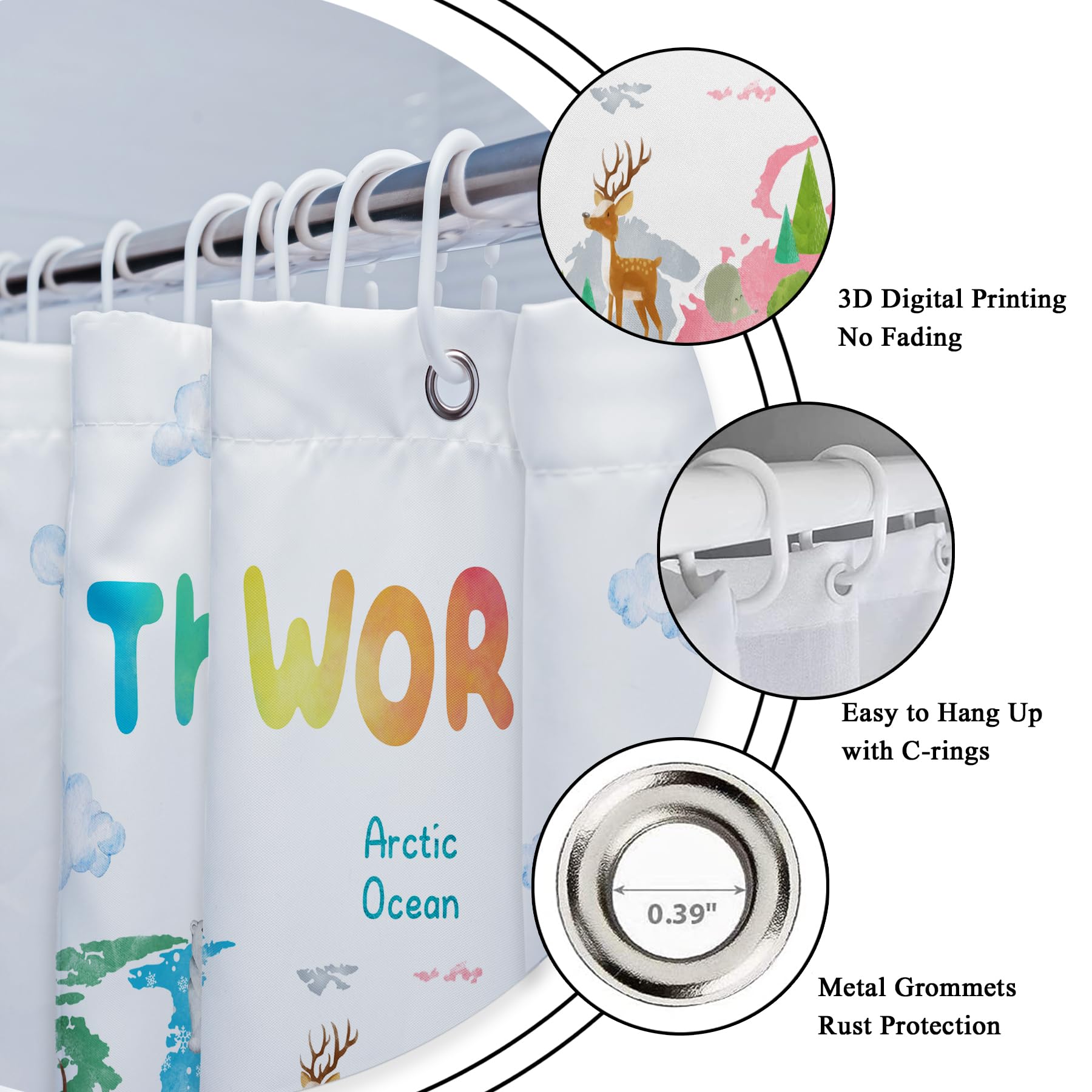 Kinder-Duschvorhang Mit Weltkarte – Wasserdicht, 152 X 183 Cm, Inkl. 12 Haken (bunt, Tier-Cartoon)