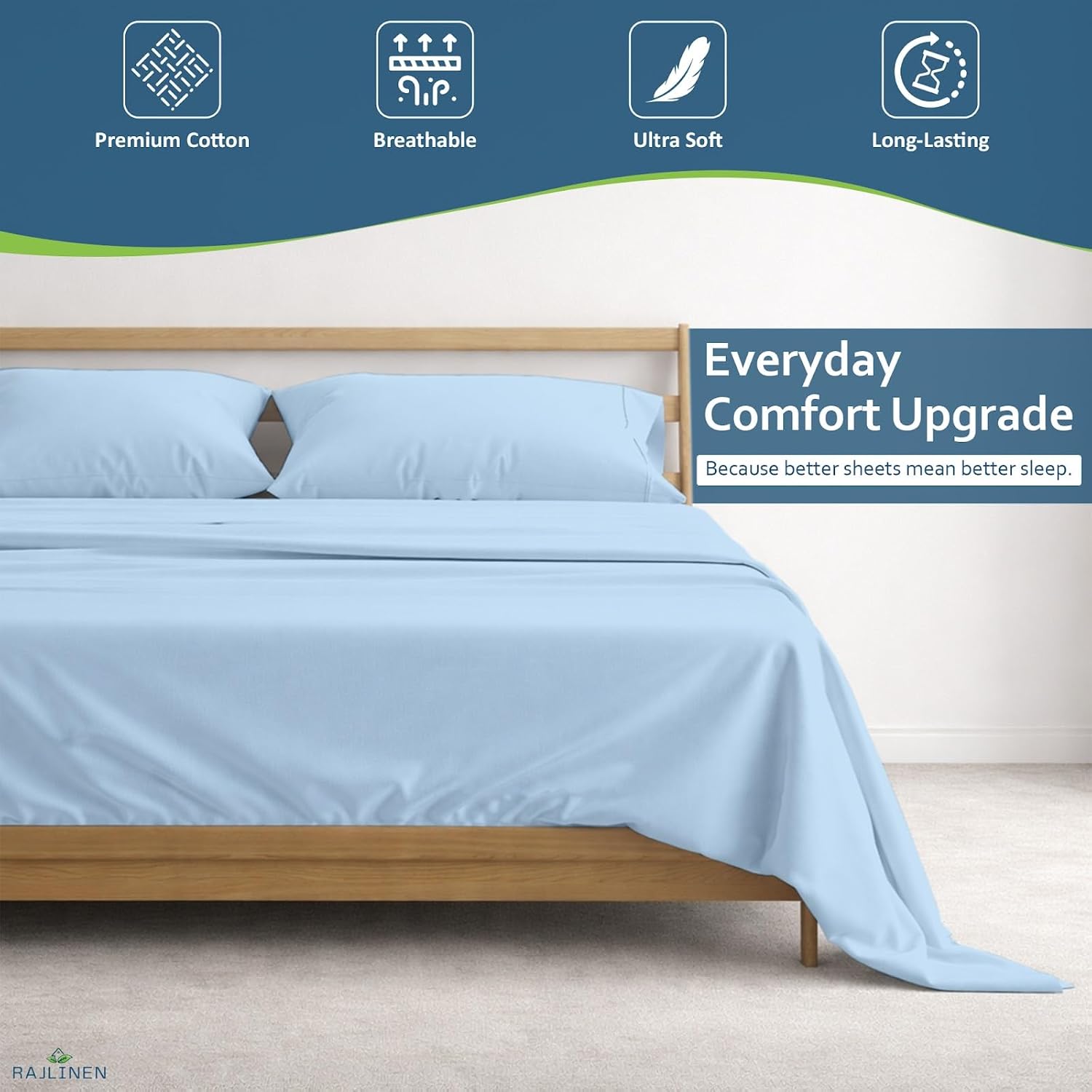 Rajlinen 100% Cotton Full Sheets Set, Cooling & Breathable Bed Sheets, 16 Inch Deep Pocket Fitted Sheet with All-Around Elastic, Soft & Durable Bedding Set, Light Blue Solid
