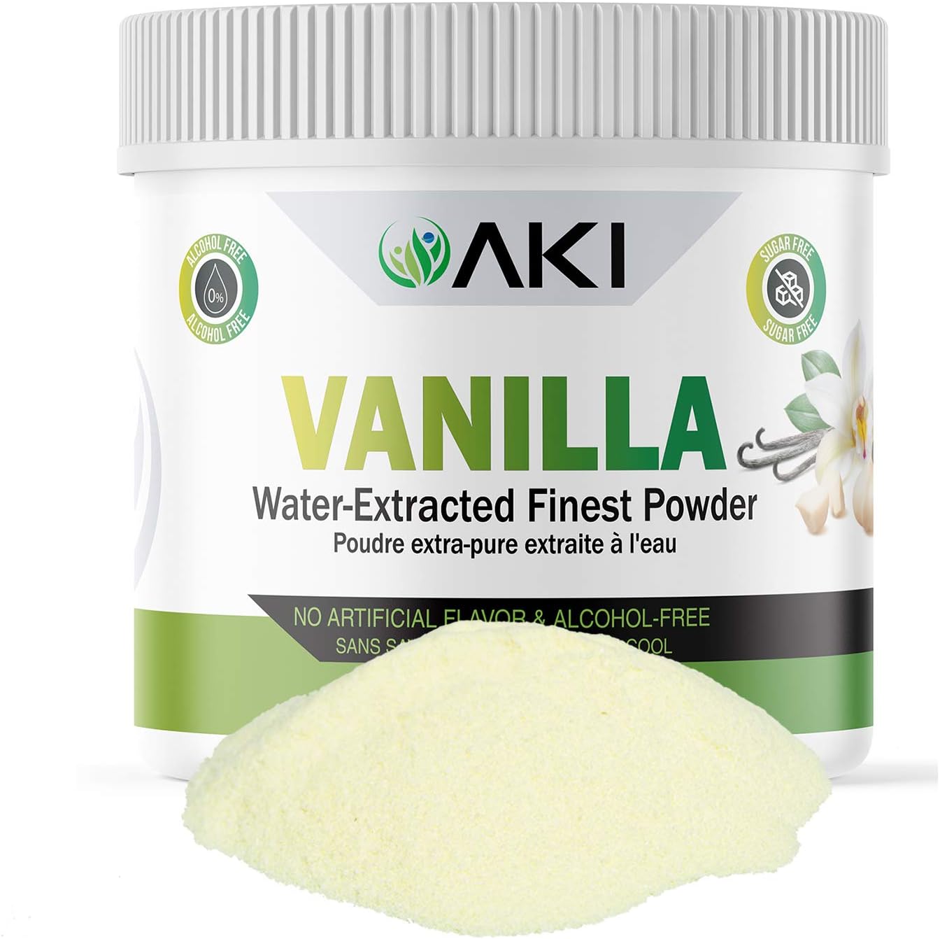 Aki Fine Vanilla Powder Extract From Beans (5.29oz/150g) - Water Extracted Powder Ideal For Baking, Cooking Flavoring - Delicious Vanilla Flavor & Easy to Add in Smoothies & Coffee, Non-GMO & Alcohol-Free