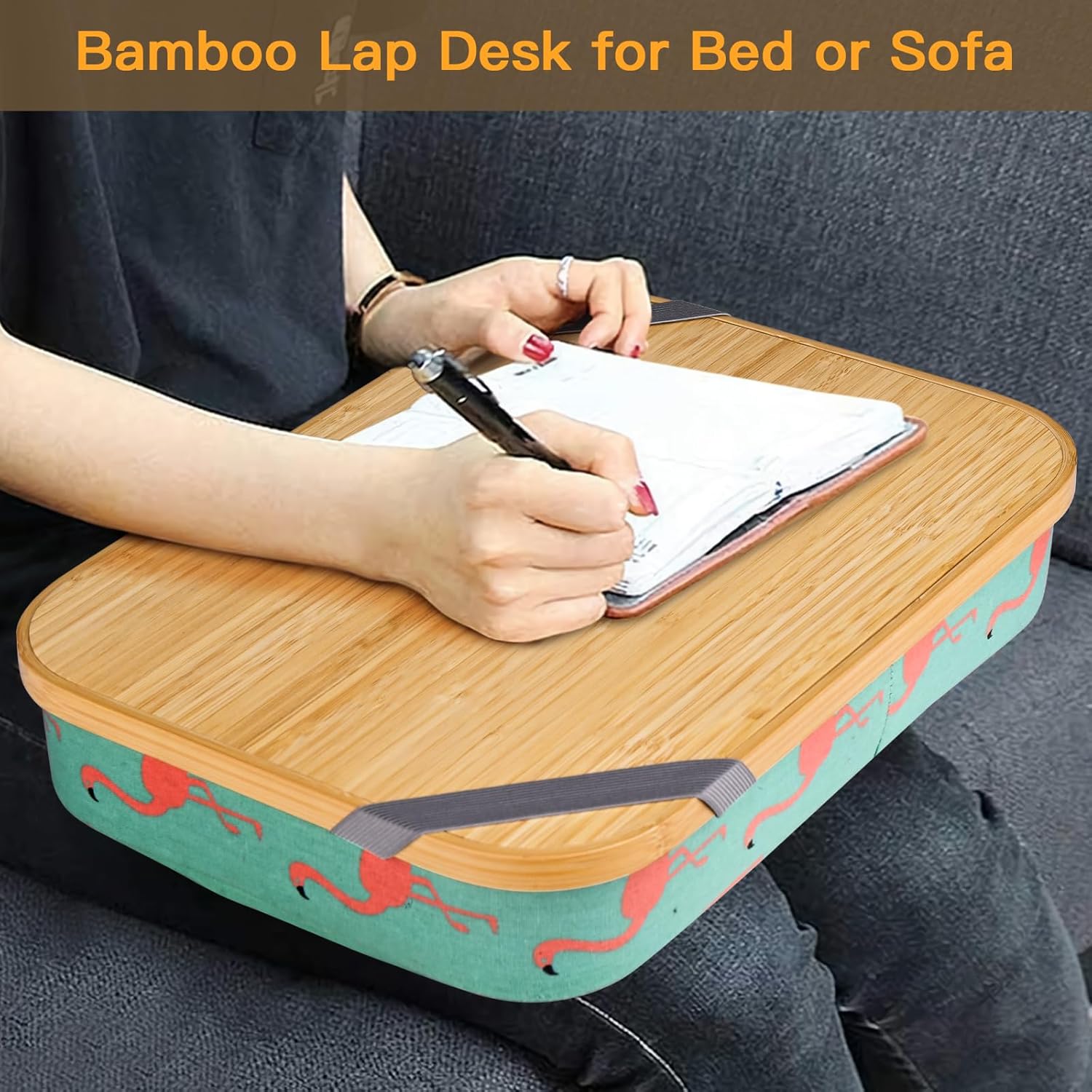 Mayjoy Bamboo Lap Desk with Storage, Cover Removable Lap Desk for Lap, Computer Laptop Stand on Lap, Work on Bed or Couch, Write or Draw on Your Lap (Aqua)