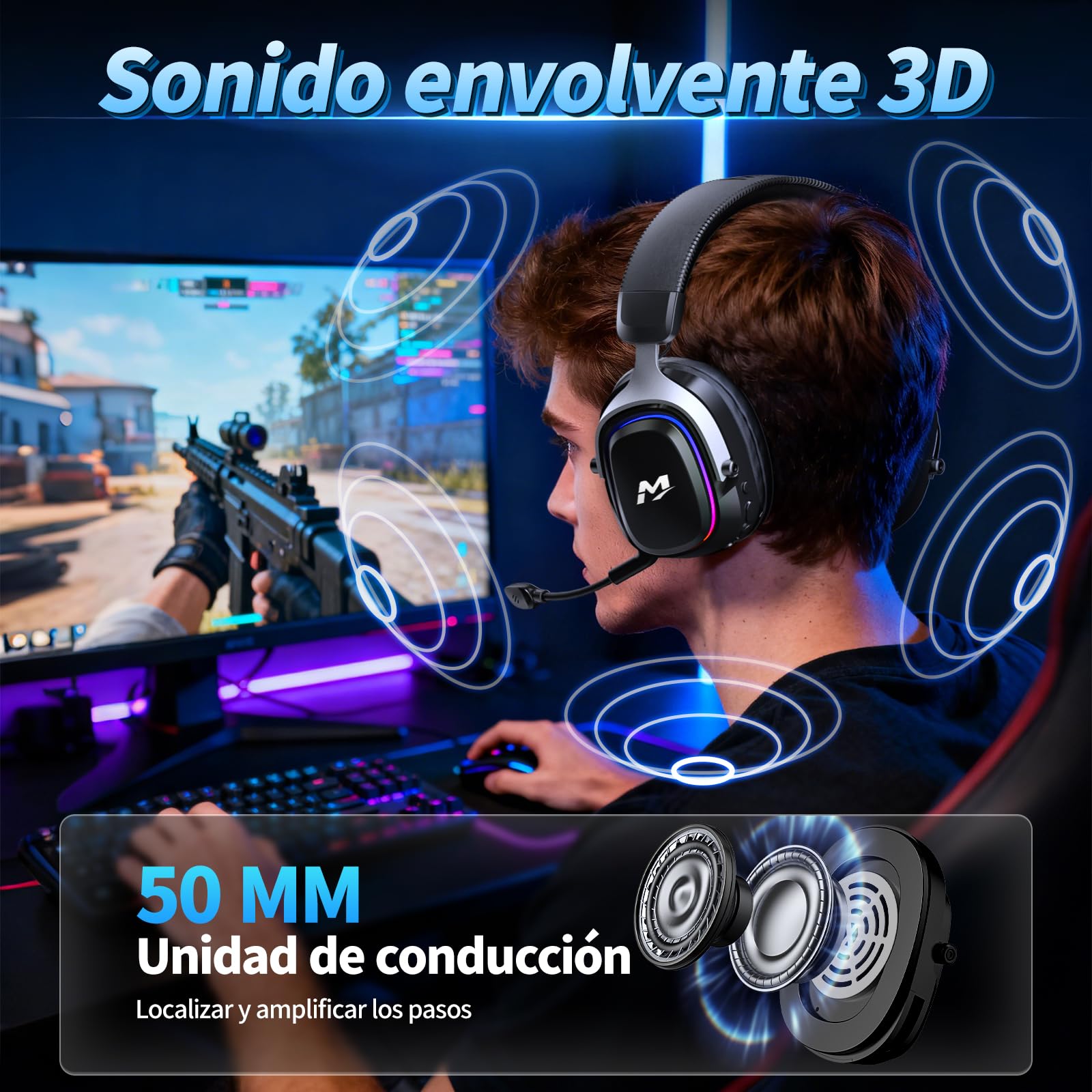 MANKIW Cascos Gaming Inalámbricos para PS5/PS4/PC/Switch, 2.4G & Bluetooth 6.0, Cascos Inalámbricos Gaming con Sonido Surround 7.1, Micrófono con Cancelación de Ruido, RGB, 60+ Horas, Drivers de 50 mm