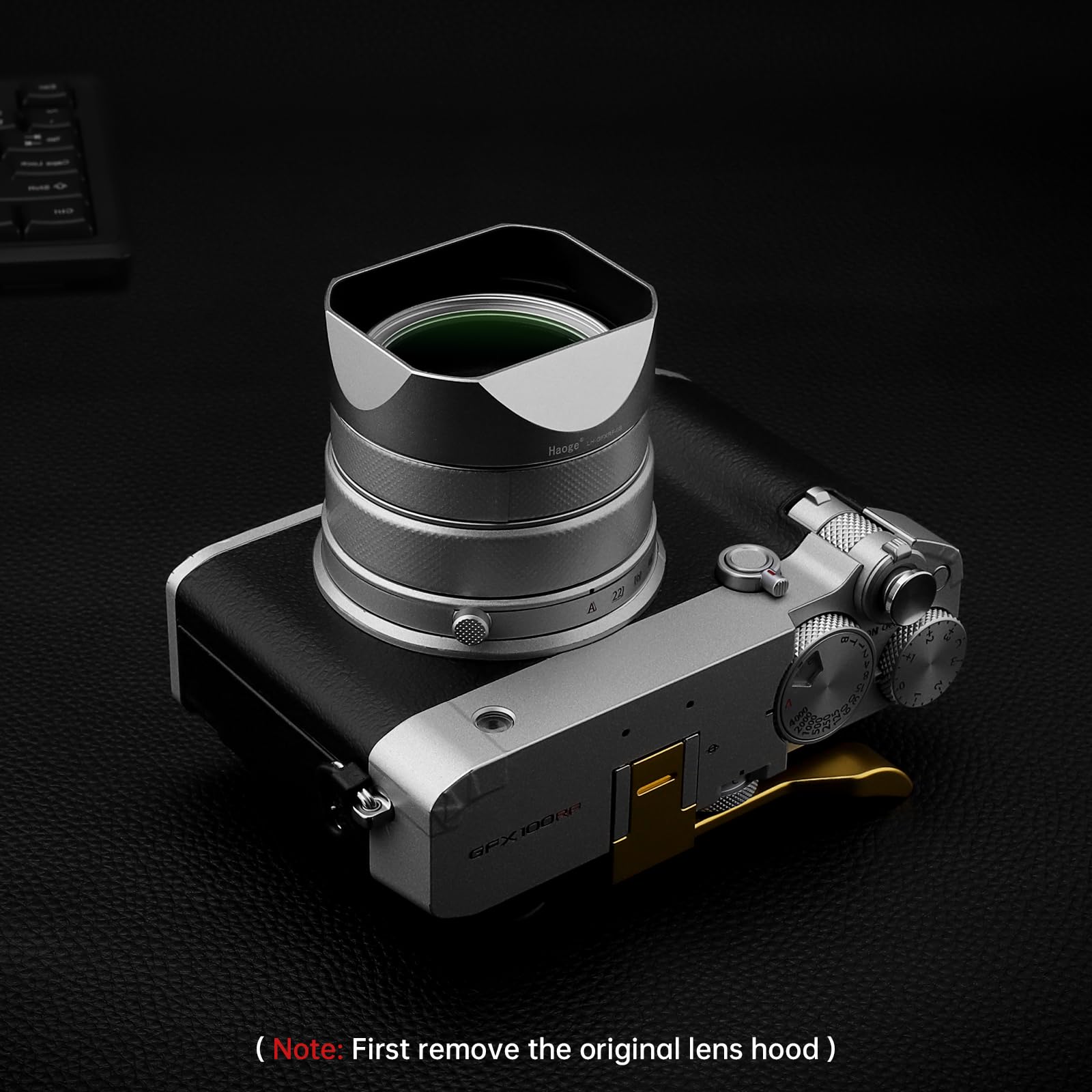 Haoge Metalowa kwadratowa osłona obiektywu do aparatu Fujifilm GFX100RF LH-GFXRF-IIS+Cap-GFXRF-IIS srebrny bagnet z metalową nasadką