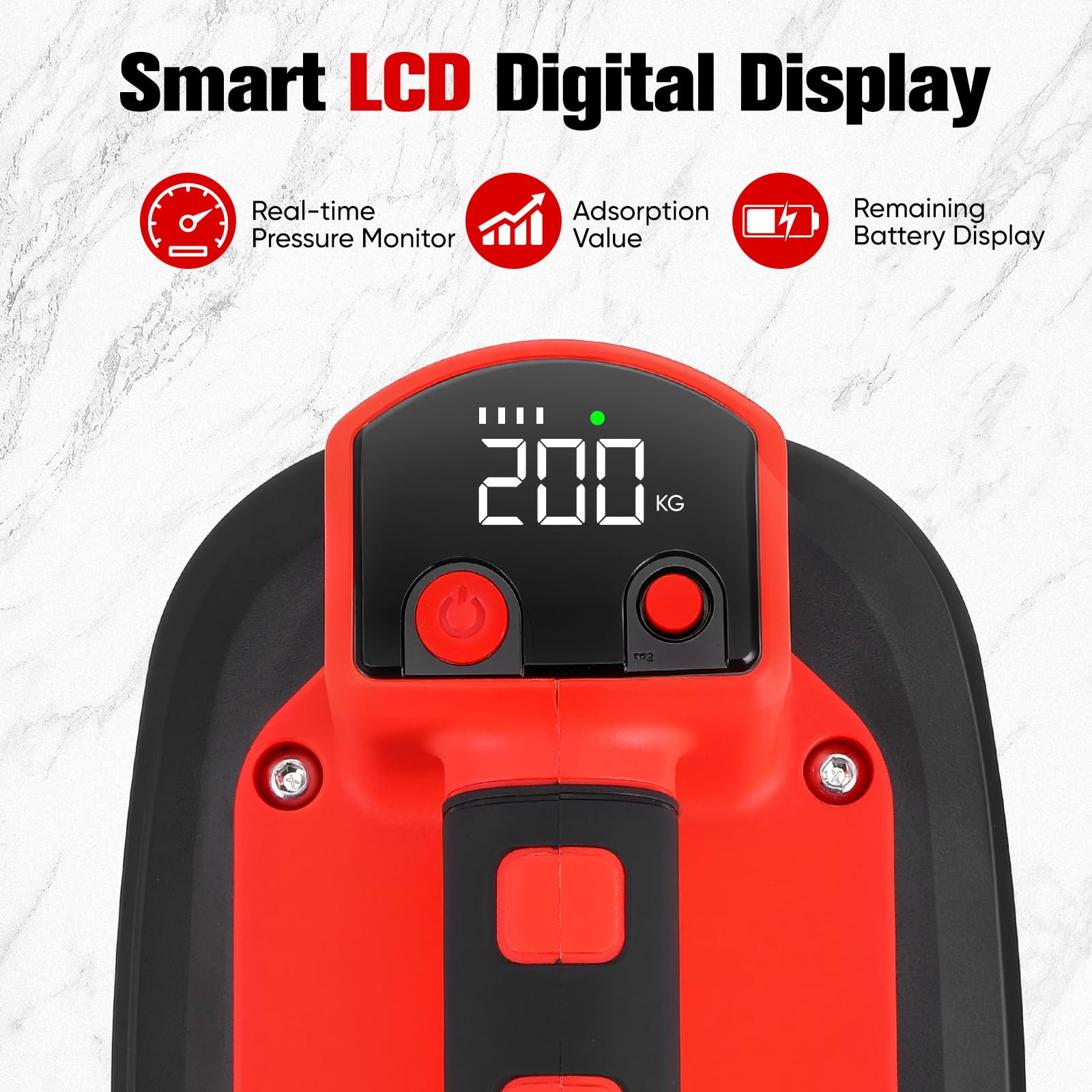 Elevador de ventosa a batería con capacidad de elevación de 200 kg, pantalla LCD y batería de 2000 mAh. La ventosa es apta para azulejos, vidrio, mármol, ventanas y espejos. Cargador incluido.