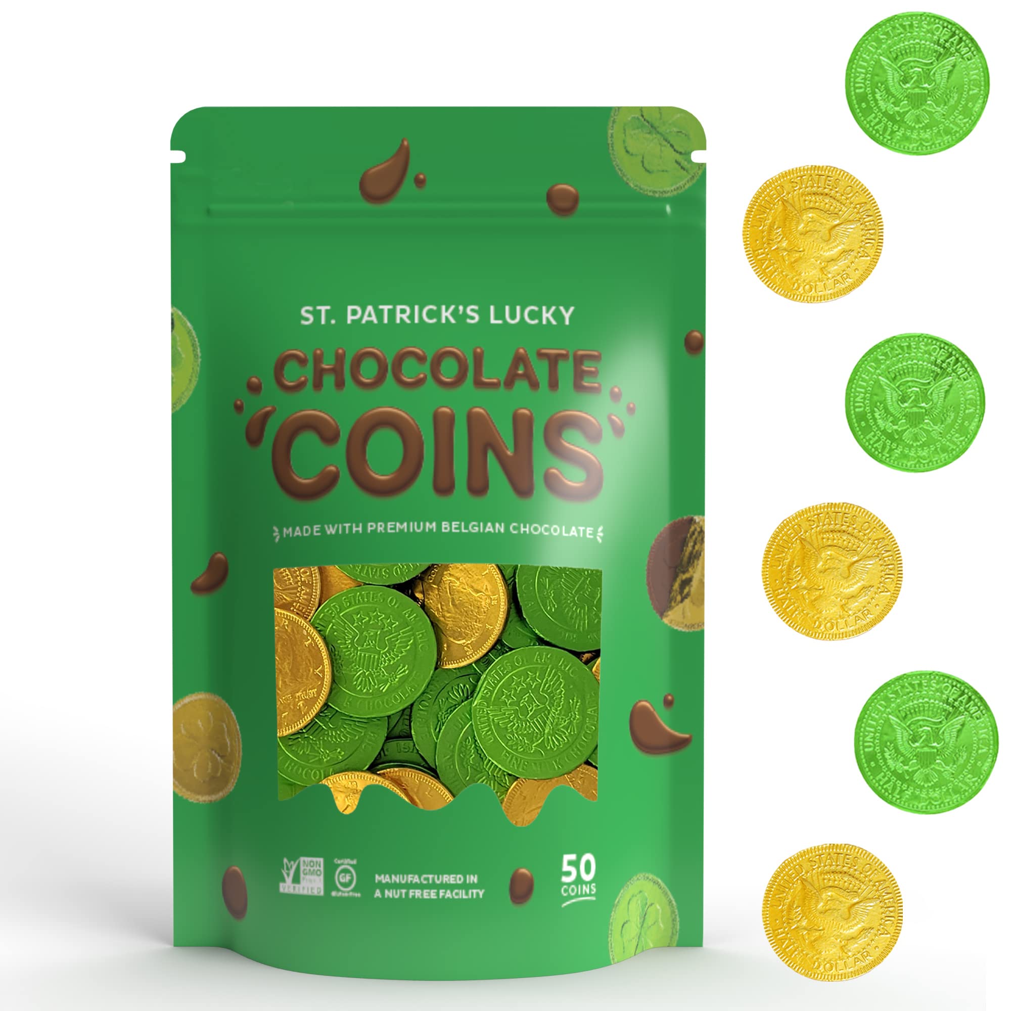 Photo 1 of ***EXPIRATION DATE NOT FOUND***
Fruidles St. Patrick's Day Chocolate Coins, Gold and Green Coins, Belgian Milk Chocolate Coins Nut-Free (50-Pack, St. Patrick's Bag) 50-Pack St. Patrick's Bag