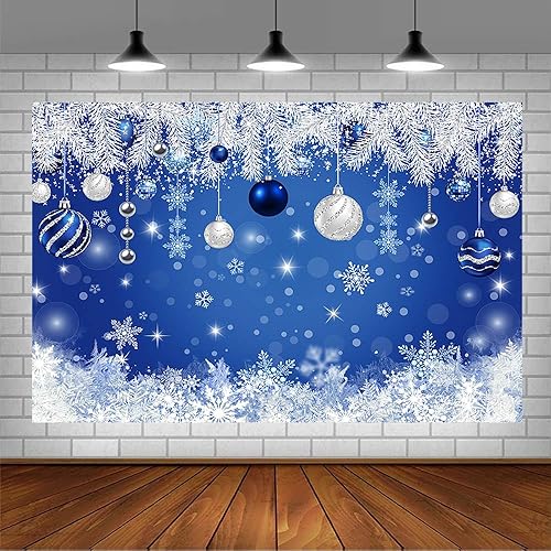 Miniatura 3 de AIBIIN Telón de fondo de Navidad de invierno de 7 x 5 pies para fotografía, campana azul plateada con purpurina, copo de nieve, aguja de pino