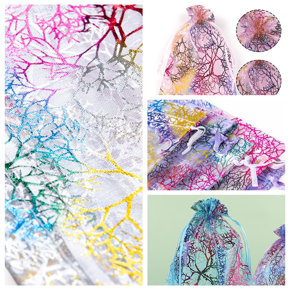 Lot de 100 sacs cadeaux en organza avec cordon de serrage - 20 x 30 cm - Motif corail - Pour Noël, Halloween, fête prénatale - Blanc