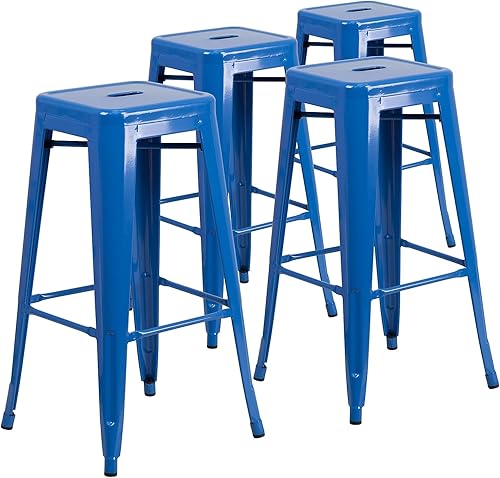 Miniatura 30 de Flash Furniture - Taburete de bar de grado comercial de 30 pulgadas de alto, sin respaldo, de metal azul para interior/exterior con asiento cuadrado