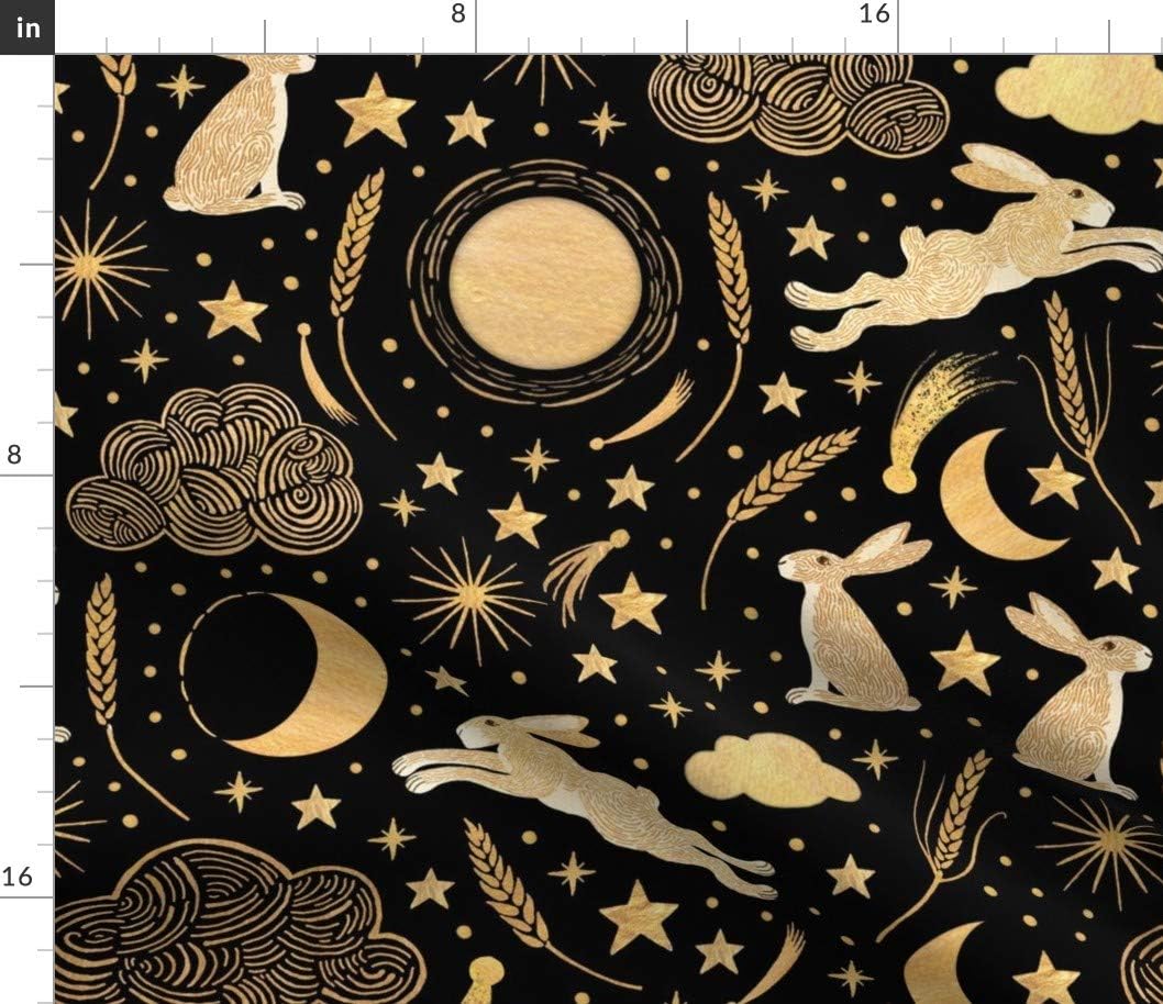 Spoonflower Fabric - Black Rabbit Stars Clouds Gold Wheat Night Sky Harvest Moon Crescent Printed on Upholstery Velvet Fabric Fat Quarter - Upholstery Home Decor Bottomweight Apparel