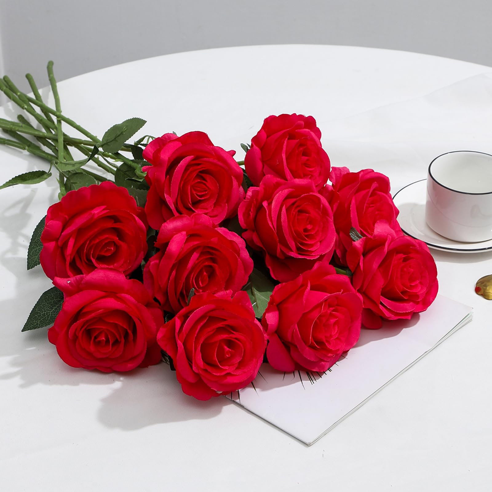 LEUCHTAMOR 10Pcs Artificial Roses Fake Silk Roses Fuchsia Fake Single Stem Realistic Roses Bouquet for DIY Craft Faux Flowers for Home Decorations Wedding Flowers Bouquet Garden Decor