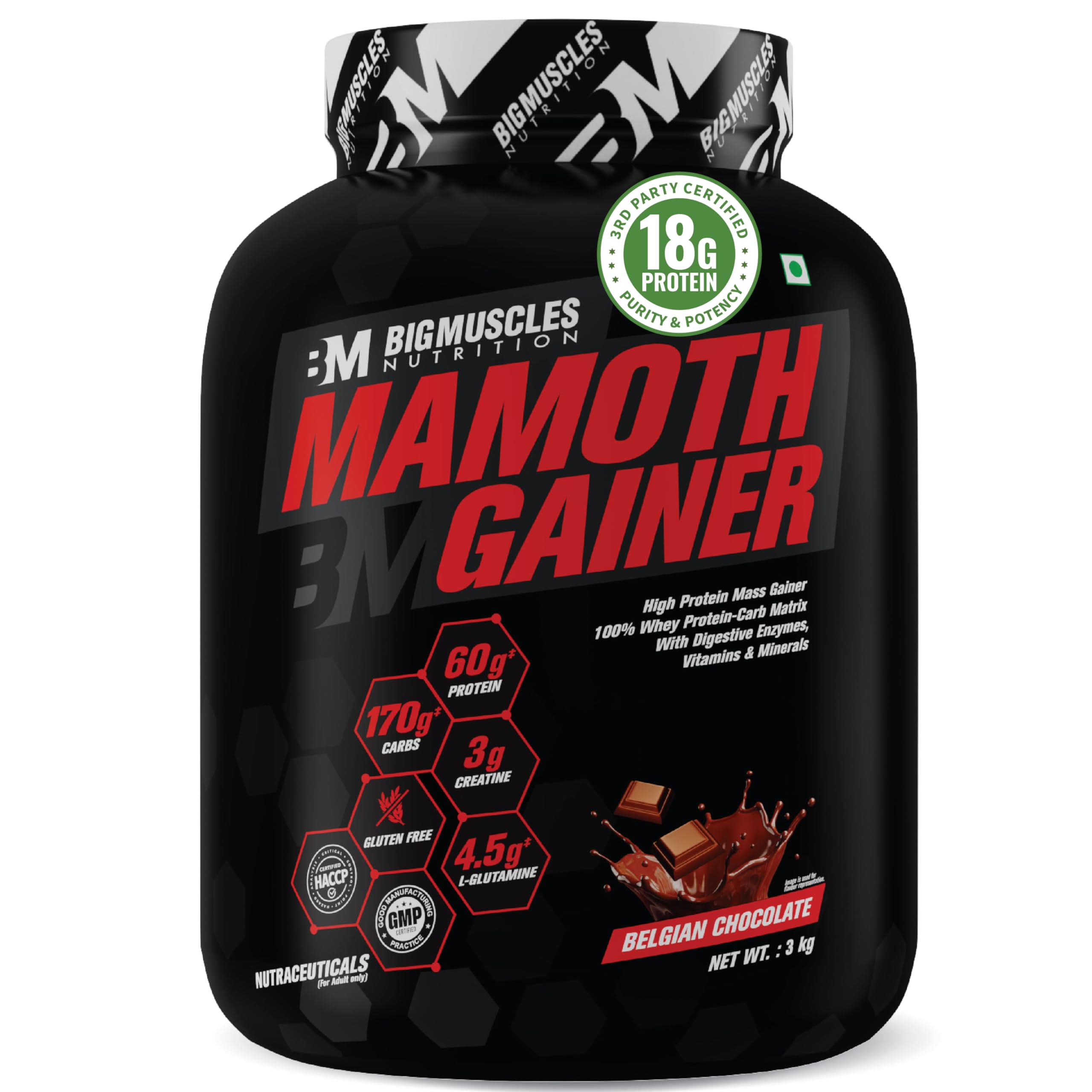 Bigmuscles Nutrition Mamoth Gainer Powder [Belgian Chocolate, 3Kg]|High Protein Muscle Mass & Weight Gainer|With Vitamins & Minerals, Creatine & Digestive Enzymes