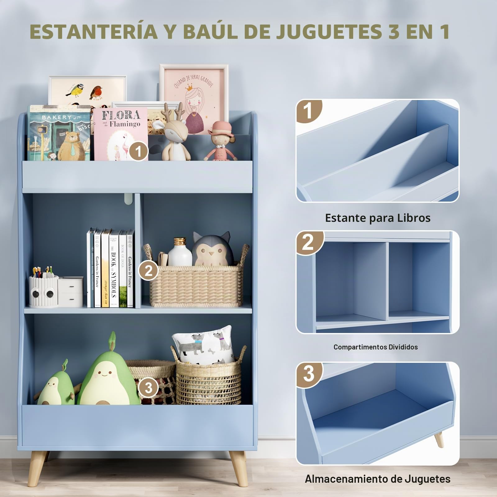 MAMIZO Estantería Infantil 5 Estantes,Mueble Juguetes Organizador, Estantería Montessori,Librería Infantil,para Guardería Sala de Juegos,con 2 Estantes, 3 Compartimentos,94 × 62 × 34 cm,Azul
