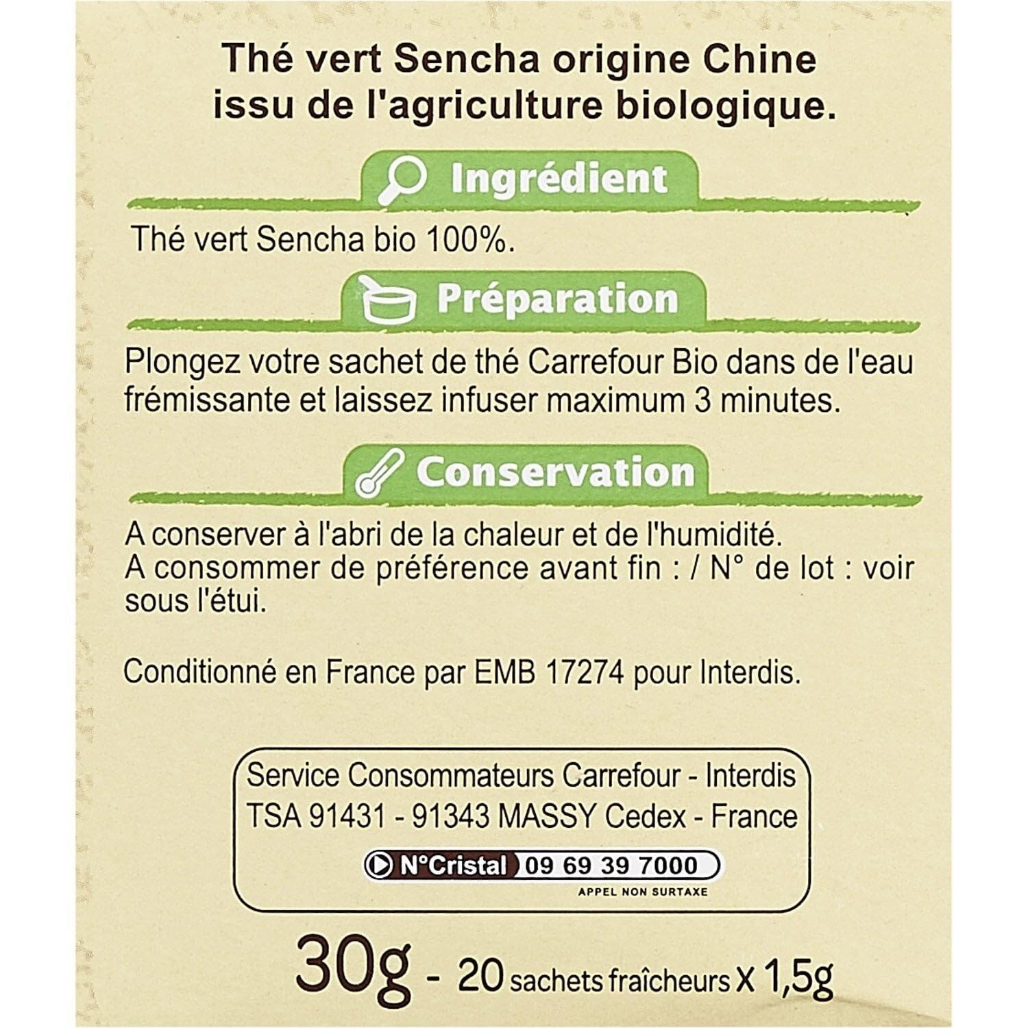 Savourez un thé vert Sencha bio au quotidien avec CARREFOUR BIO, box de 20 sachets pour des instants de détente pratique - Lot de 4