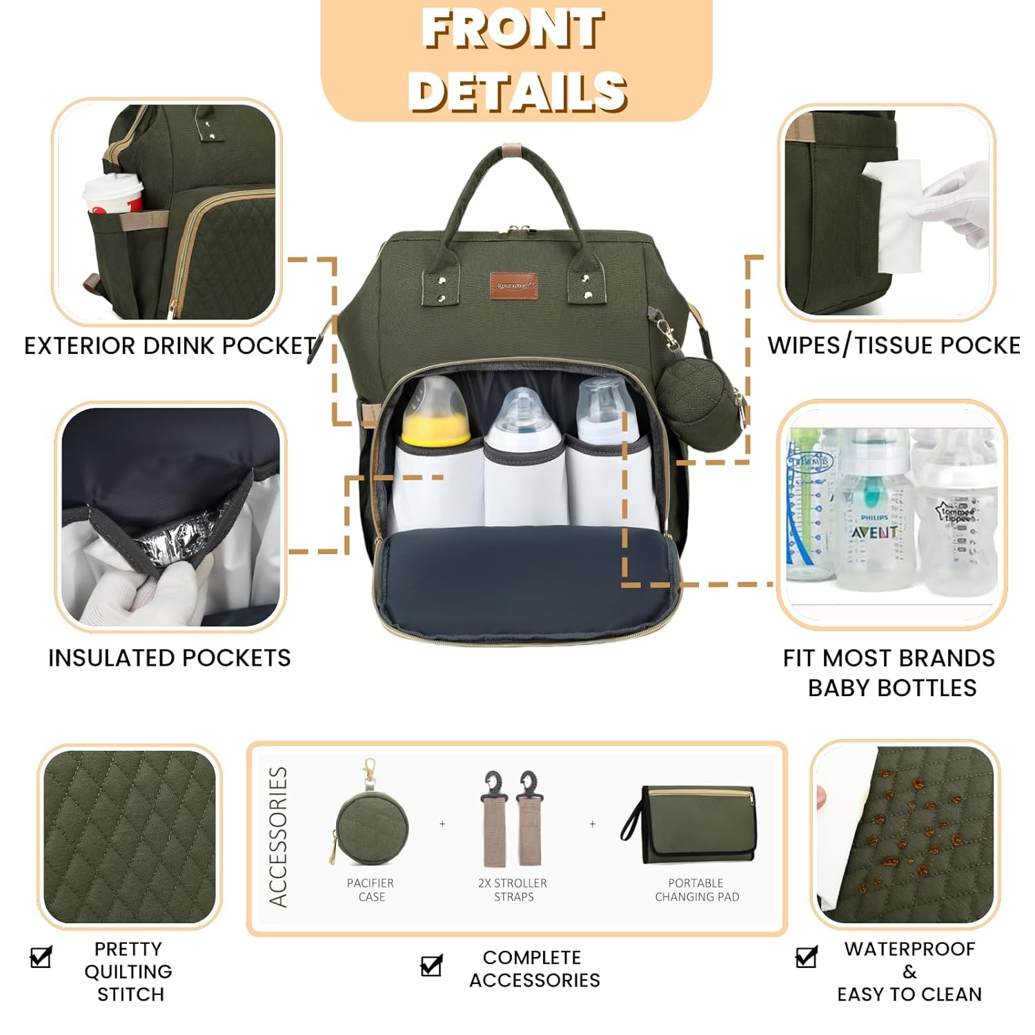 Diaper Bag Backpack with Changing Pad, Pacifier Case, Baby Bag for Boy Girl Toddler - Large, Stylish, Waterproof Travel Quilted Diaper Bag for Mom - Baby Shower - Army Green - Image 3
