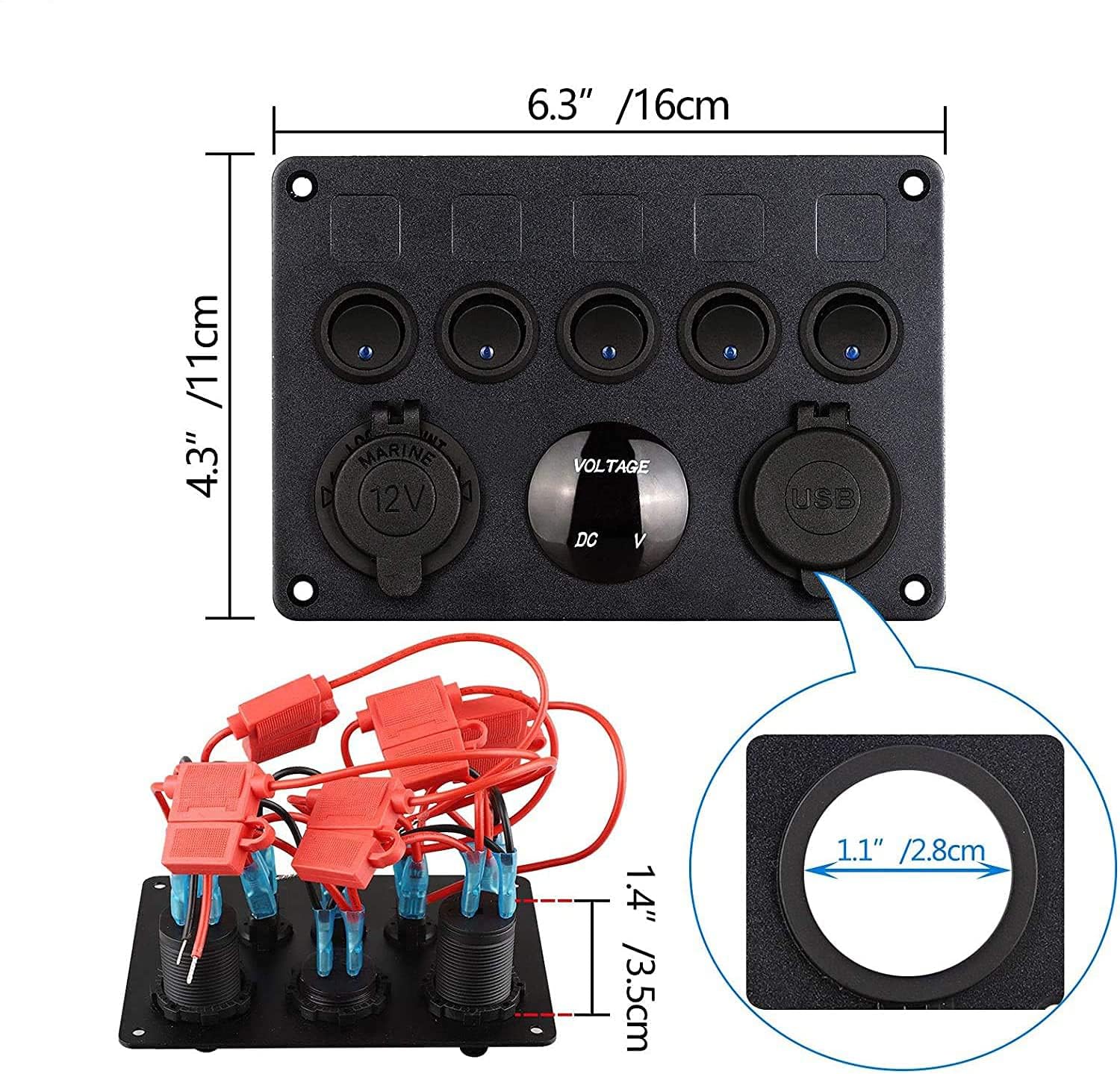 Pannello Interruttori 5 Gang Interruttore a Levetta ON-OFF 2USB Presa Voltmetro a LED 12V 24V Presa di Corrente per Marine RV Truck(BLUE)