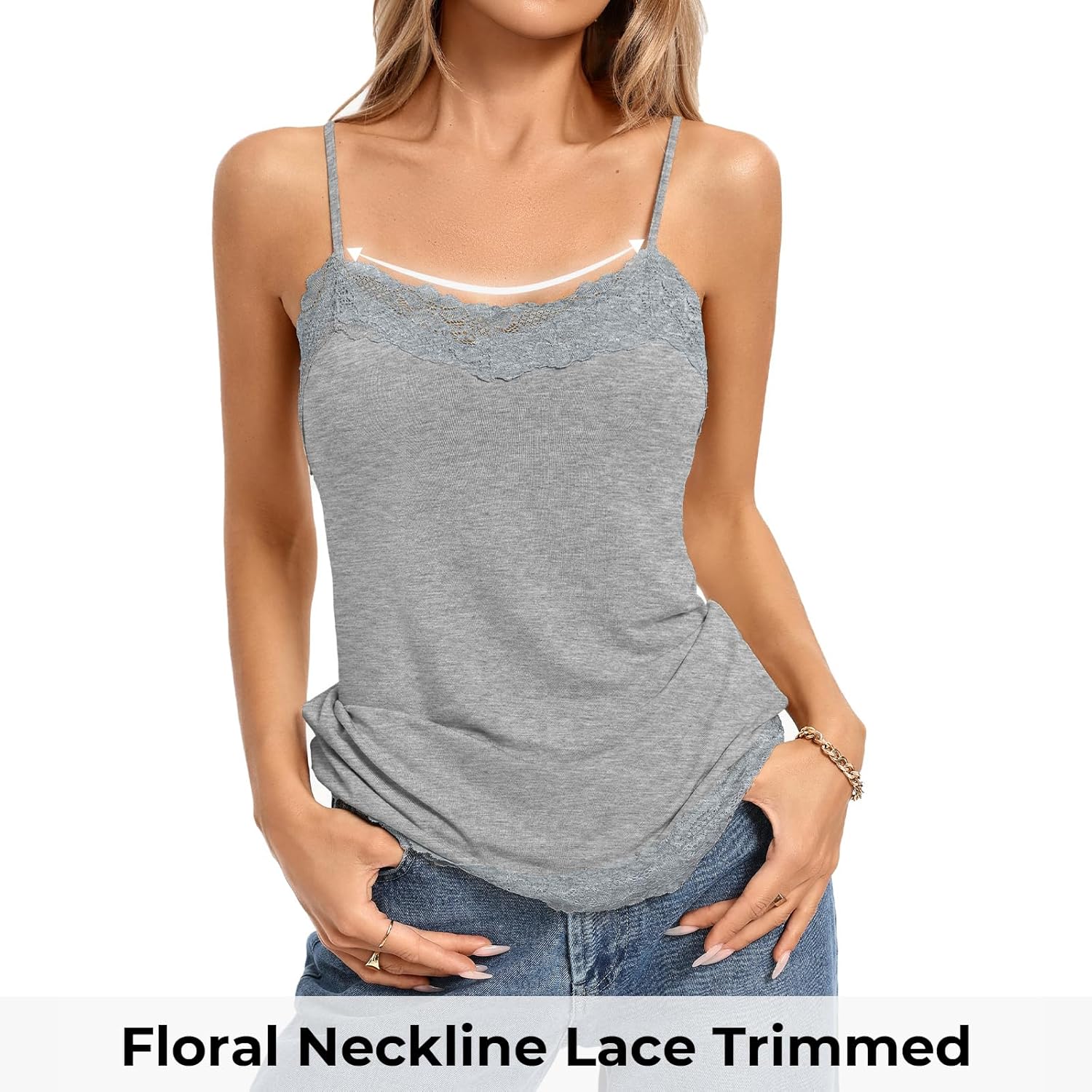 Kate Kasin Women's Adjustable Spaghetti Strap Lace Trim Cami Tunic Tank Top 3PACK - Image 3