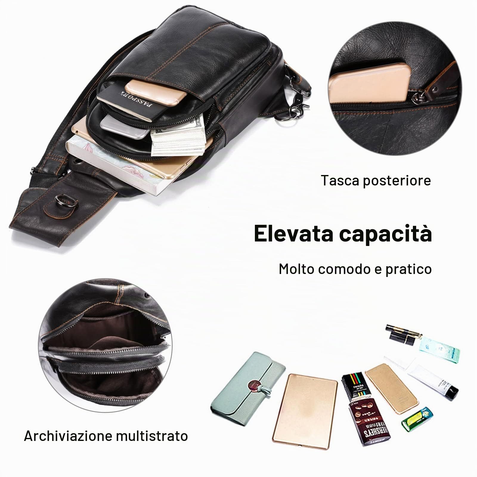 FANDARE Retrò Zaino Monospalla Zaino Spalla Impermeabile Pelle Borsa a tracolla Uomo Affari Sling Bag Borsello a tracolla per Trekking Ciclismo Viaggio Borsa della palestra Marrone