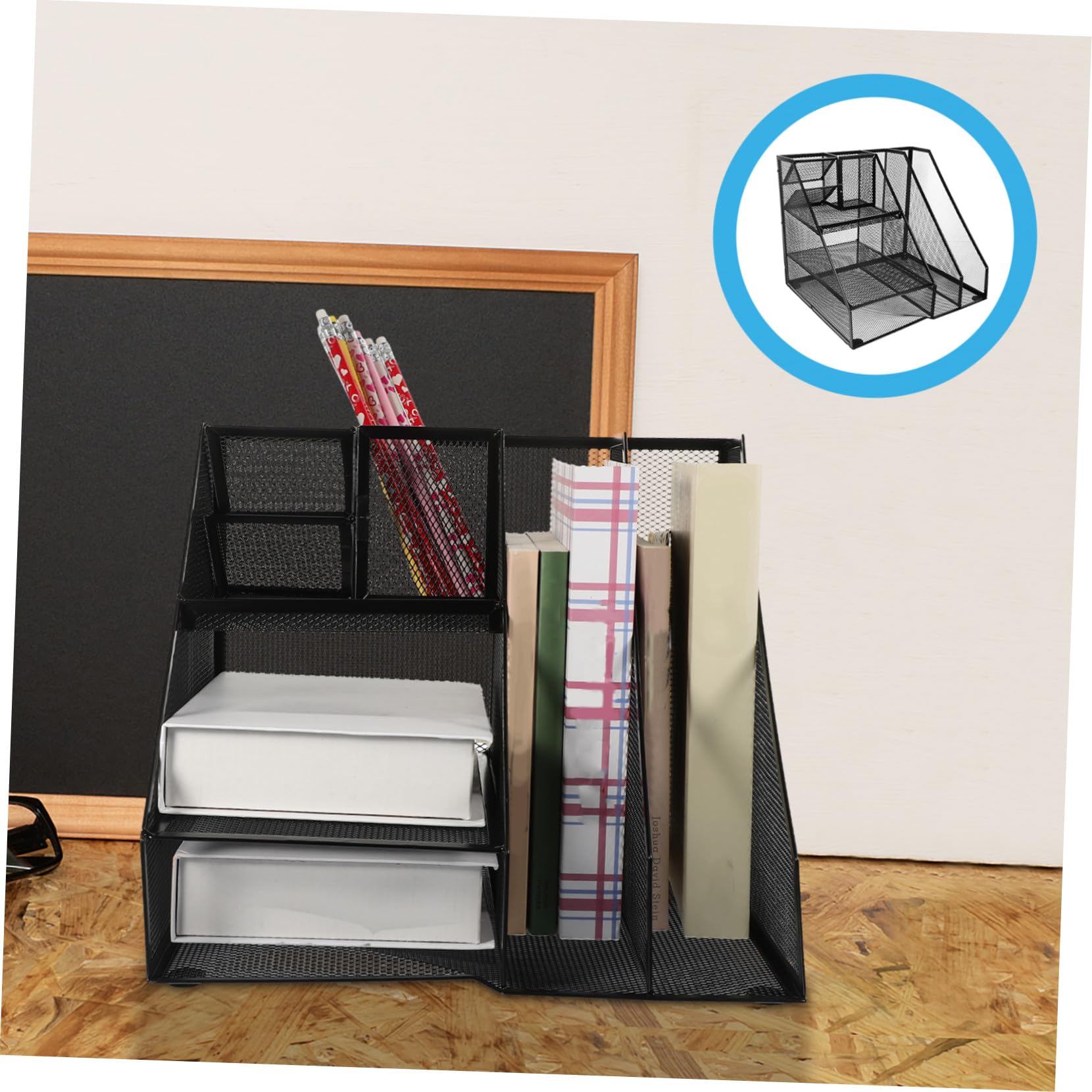 IMIKEYA Organizer da Scrivania in Metallo con Rete Portadocumenti e Porta Penne Laterale Supporto Multi-scomparto Durevole per Ufficio e Casa