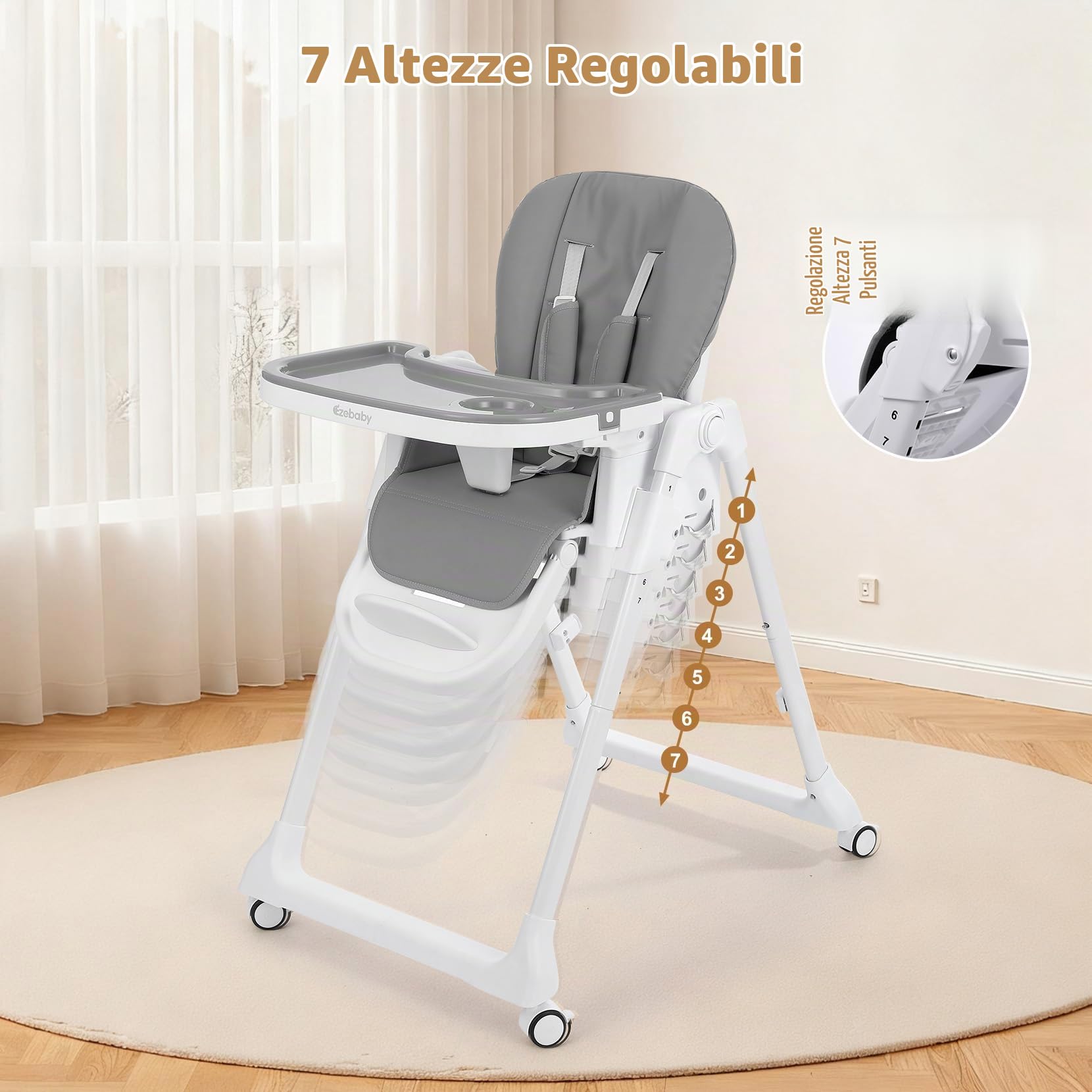 Seggiolone Pappa 4 in 1 Pieghevole, Regolabile con Arco Giochi | 7 altezze, arco giochi, funzione rialzo, doppio vassoio, seduta PU, pieghevole