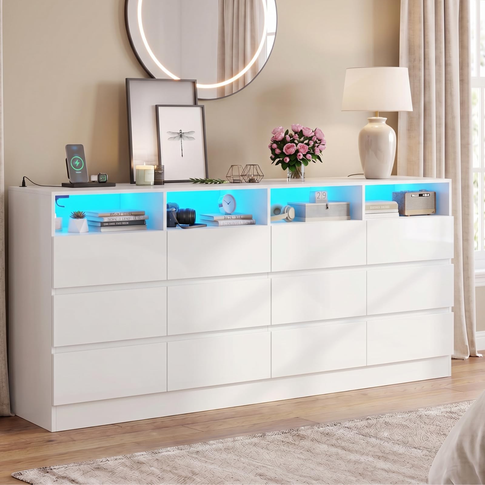 Gyfimoie 12-Compartment Divided Drawer Dresser with Power Outlet and LED Light