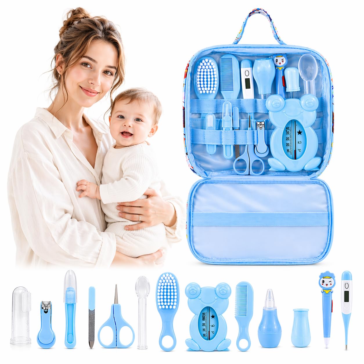 Trousse de Soin Bebe Naissance, Trousse De Toilette Bebe Naissance avec 13 Accessoires Essentiels, Brosse à Cheveux, Thermomètre Digital et de Bain, Coupe-Ongles, Lime, pour Nouveau-Né, Bleu