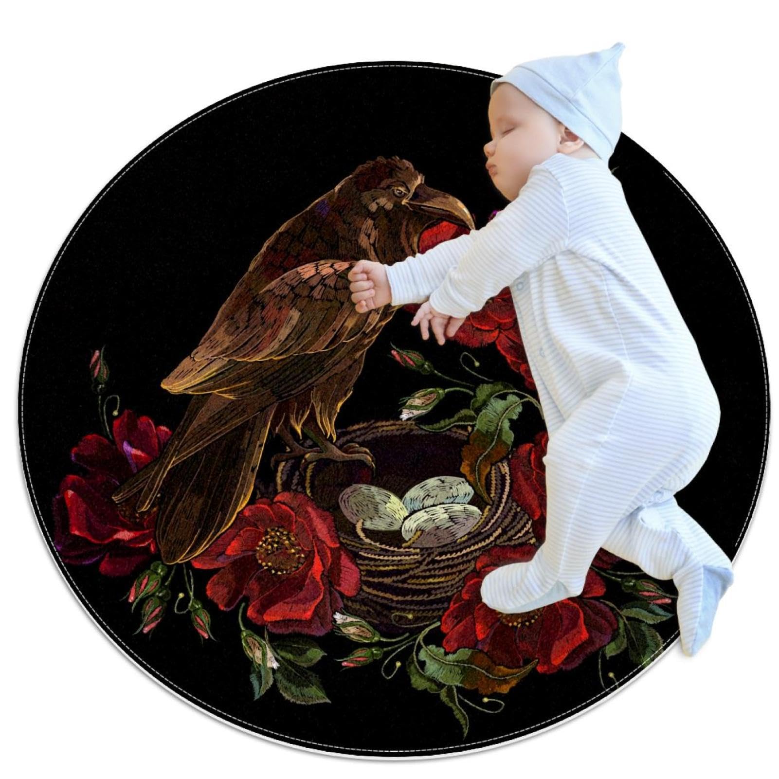 Petit tapis de salle de bain gothique rond antidérapant rose et corbeau 1m