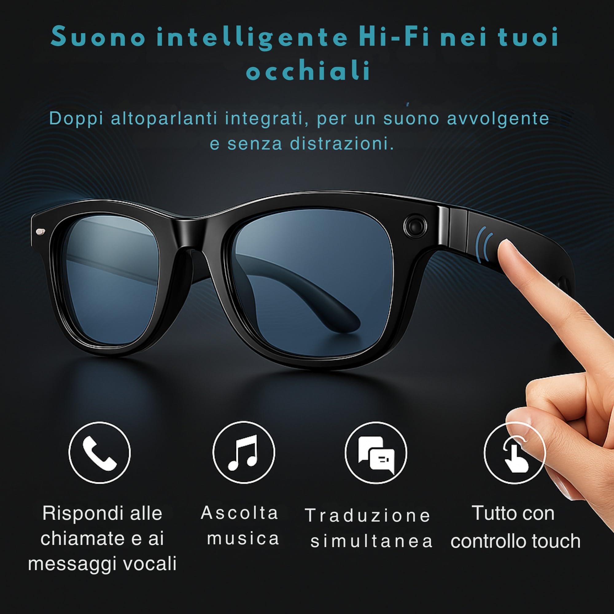 smartia – Occhiali da sole Intelligenti con Fotocamera, Modello 2026 e App in Italiano, Occhiali Bluetooth Suono Hi-Fi, IA GPT integrata da Voice e Protezione UV al 100%, Fotocamera da 8 MP Full HD