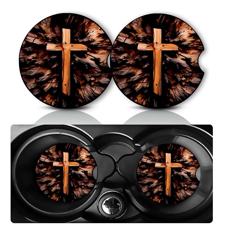 Kit com 2 Porta-Copos para Carro TLYHNXY com Estampa de Cruz Bíblica em Neoprene 6,99 cm