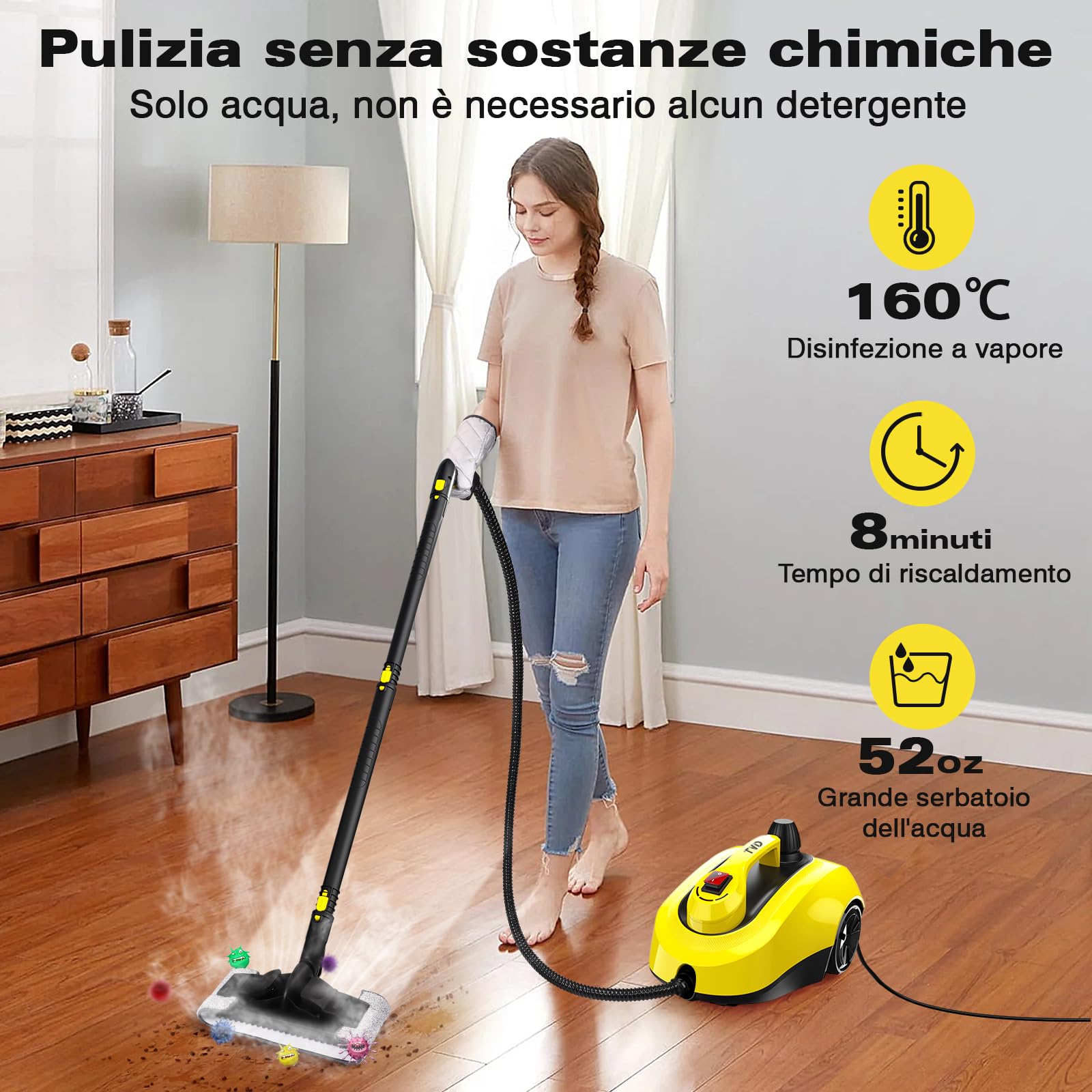 TVD Pulitore a vapore, pulitore a vapore multiuso, pulitore a vapore con cavo di alimentazione extra lungo 5 m, per la rimozione di carta da parati, forno, tappeti, divano, tappezzeria, cimici