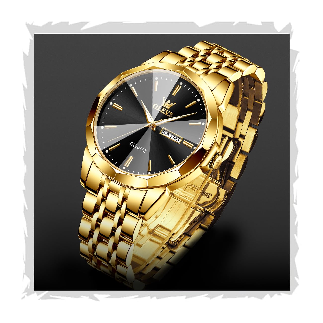 OLEVS Mens Wrist Watch Green Big Face Luxury Dress Stainless Steel Analog Quartz Waterproof Chain Watch for Men Date