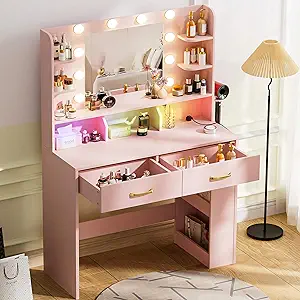 COMHOMA Vanity Desk with Lighted Mirror and Power Outlet, RGB LED Lights Makeup Vanity Set for Girls, Large Storage Capacity Dressing Table for Bedroom, 3 Lighting Modes Adjustable Brightness, Pink