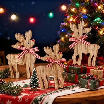 Reindeer Christmas Decor Wooden Deer Table Decoration 3 Pcs Tiered Tray Decor Wood Coffee Tabletop Block Sign Rustic Farmhouse Centerpieces Christmas Xmas Winter For Home Office Shelf Desk Mantel
