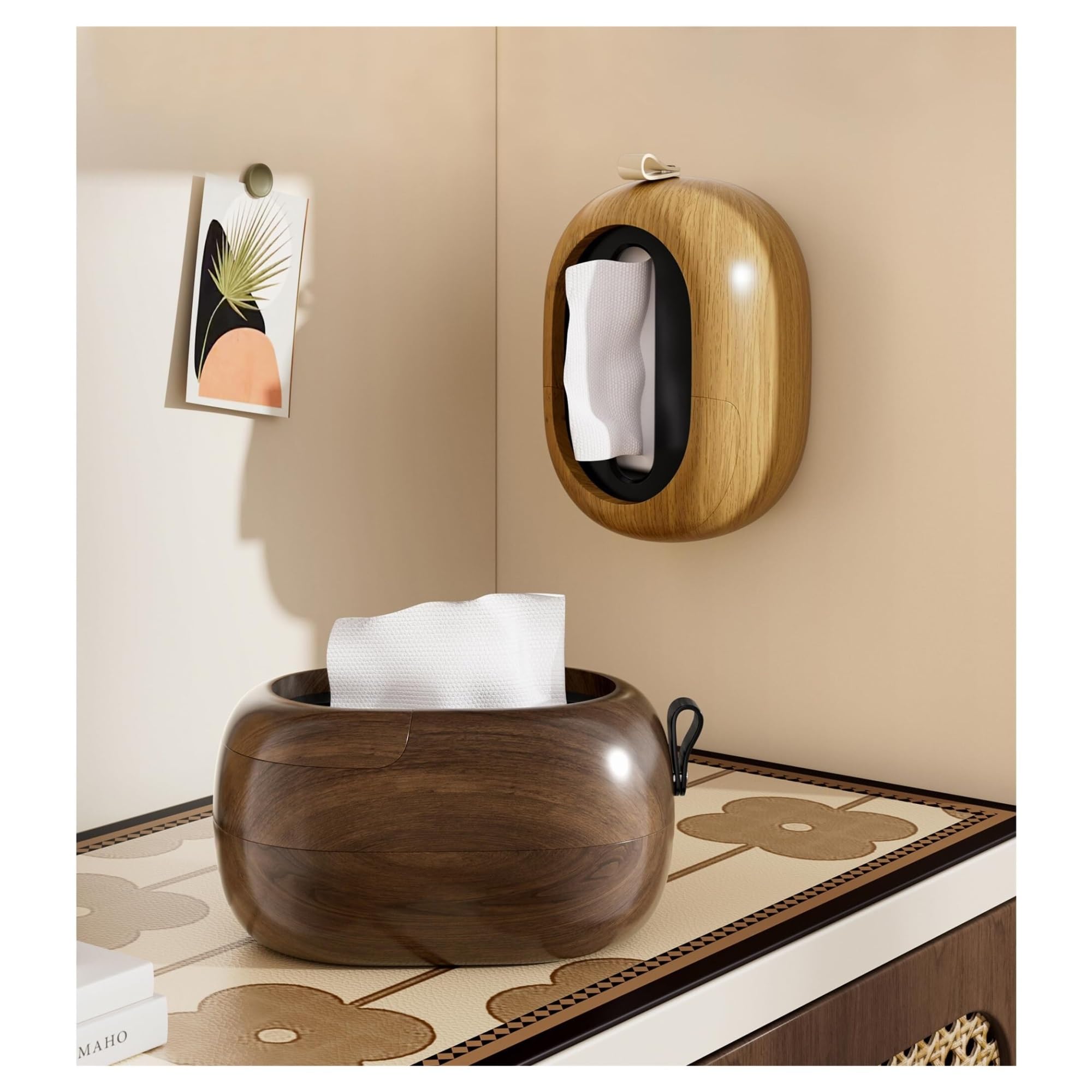 Ozdobne pudełko na chusteczki Vintage uchwyt na chusteczki z pokrywką ścienną, imitacja drewna, owalny uchwyt wbudowana sprężyna estetyczny wystrój domu (1 x Walnut+1 Beech)