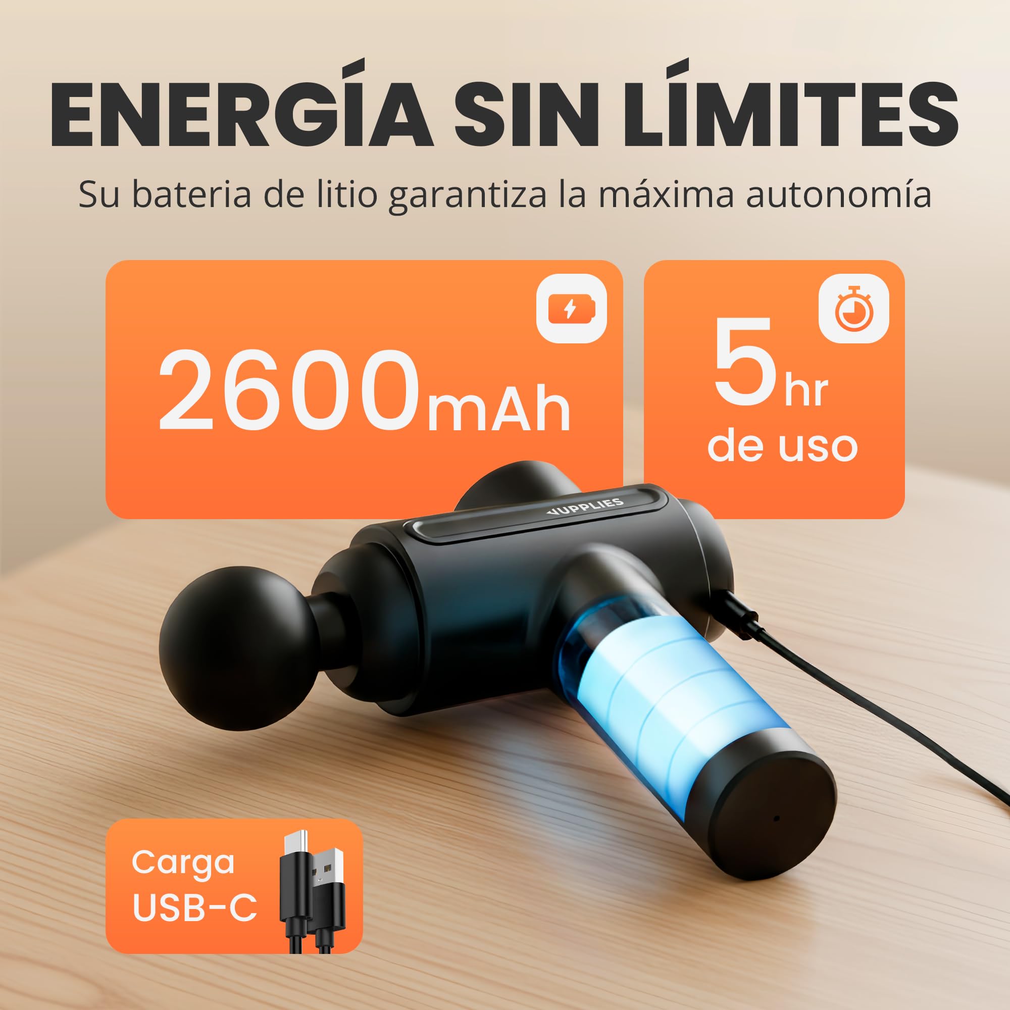 JUPPLIES Pistola de Masaje Muscular con 30 Velocidades, 6 Cabezales, Silenciosa, 5H Autonomía, Pantalla Táctil LCD, Estuche y Carga USB-C para Cervical y Espalda Profesional
