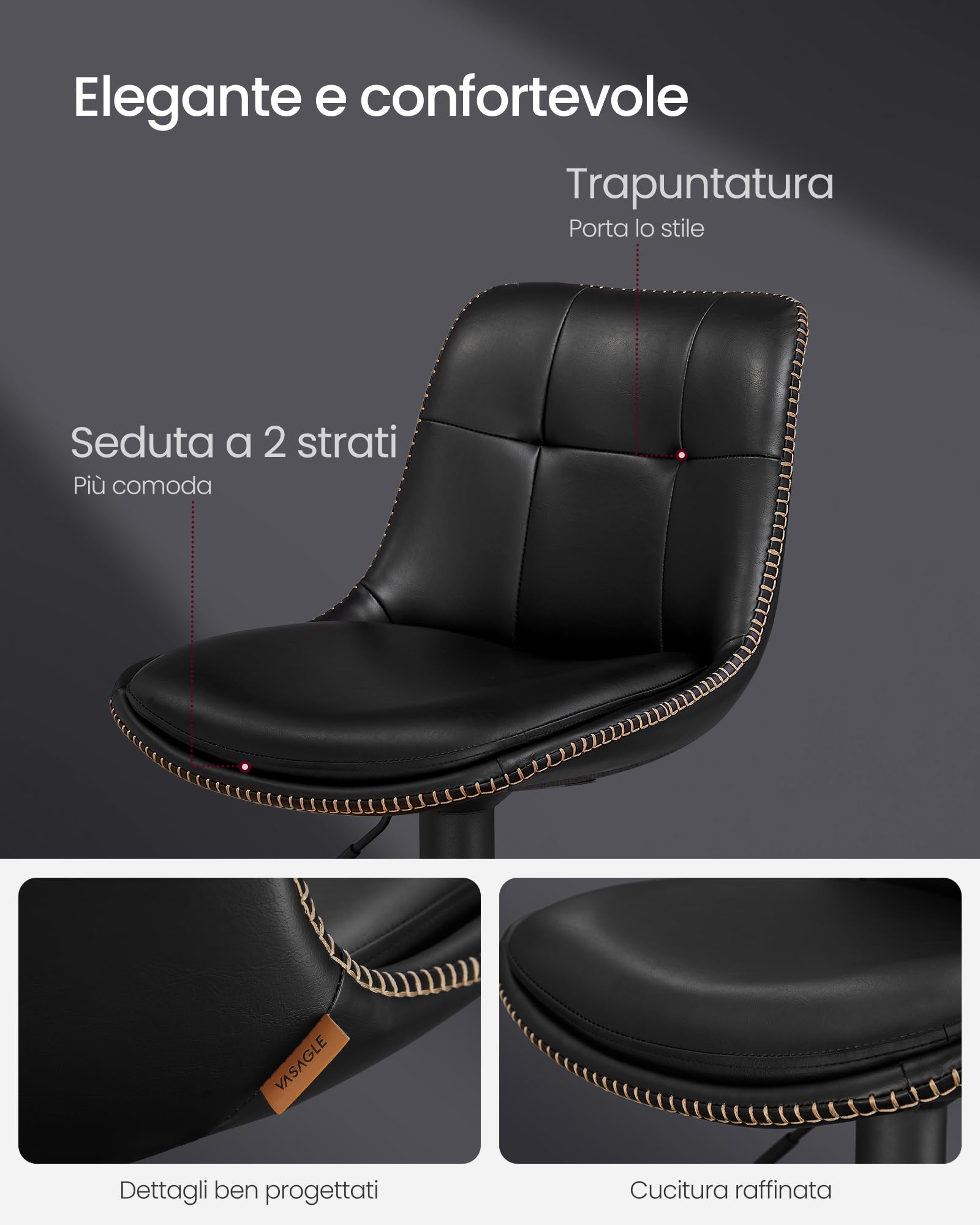 VASAGLE Set di 2 Sgabelli da Bar, Sedie da Bar Girevoli Regolabili in Altezza, PU Trapunta, Sedie da Cucina con Schienale e Poggiapiedi, Sala da Pranzo, Bancone, Acciaio, Nero Inchiostro LJB095B01
