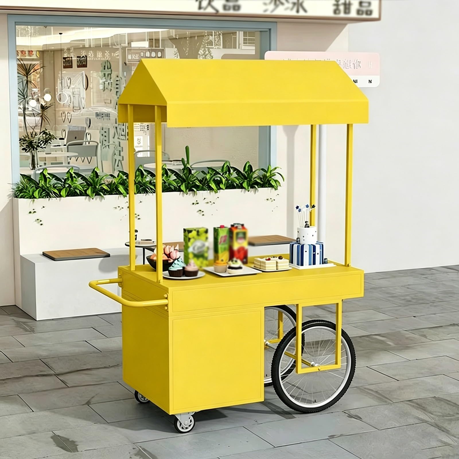 Mobile Food Stand with Canopy, Heavy-Duty Iron Vendor Cart Lockable Wheels, Perfect for Farmers Market, Street Food & Dessert Events
