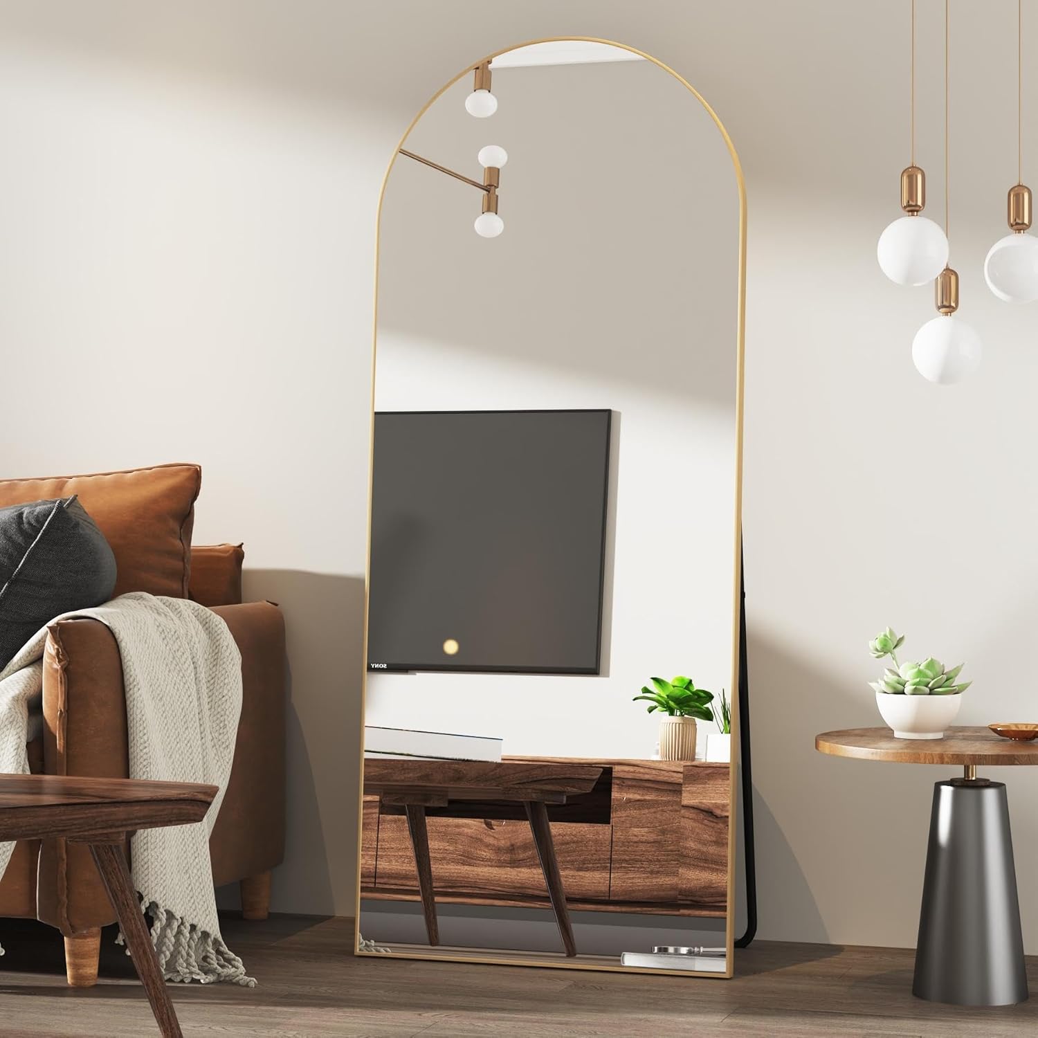 65"x24"Arched Full Length Mirror with Stand,Gold Full Body Mirrorr,Shatterproof Tempered Glass&Aluminum Alloy Frame,Freestanding Large Mirror for Bedroom,Living Room,Dressing Room Gold-arch 65"L x 24"W