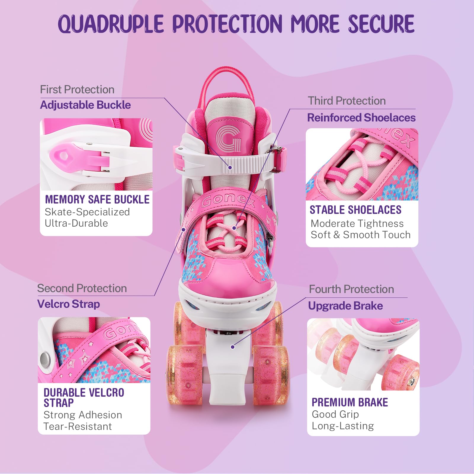 Gonex Pattini a Rotelle per Bambina Bambini Ragazzi Ragazze Principianti, Pattini Regolabili con 4 Ruote Illumina LED