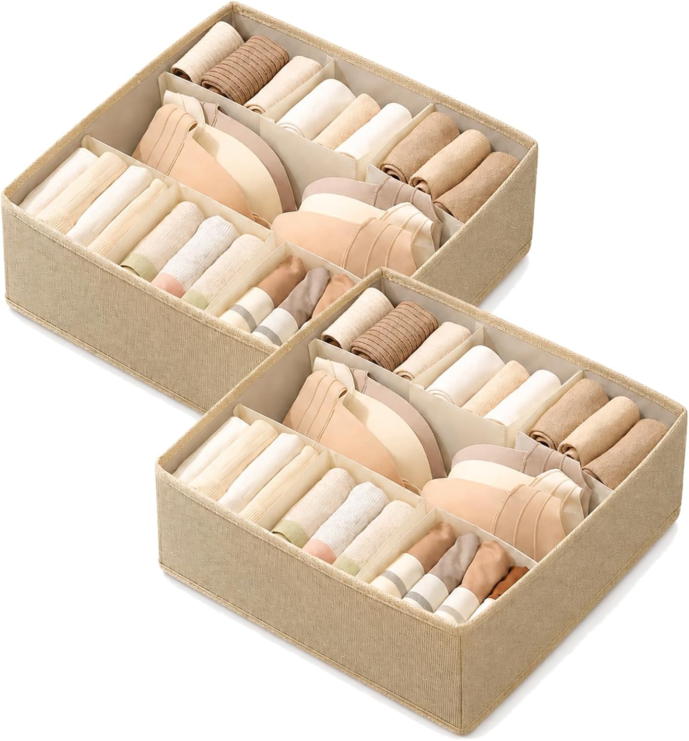 Foldable Drawer Organizers Multifunctional Underwear Organizer 14 Cell Fabric Dresser Closet Organizers and Storage Bins Beige, 2 Pack