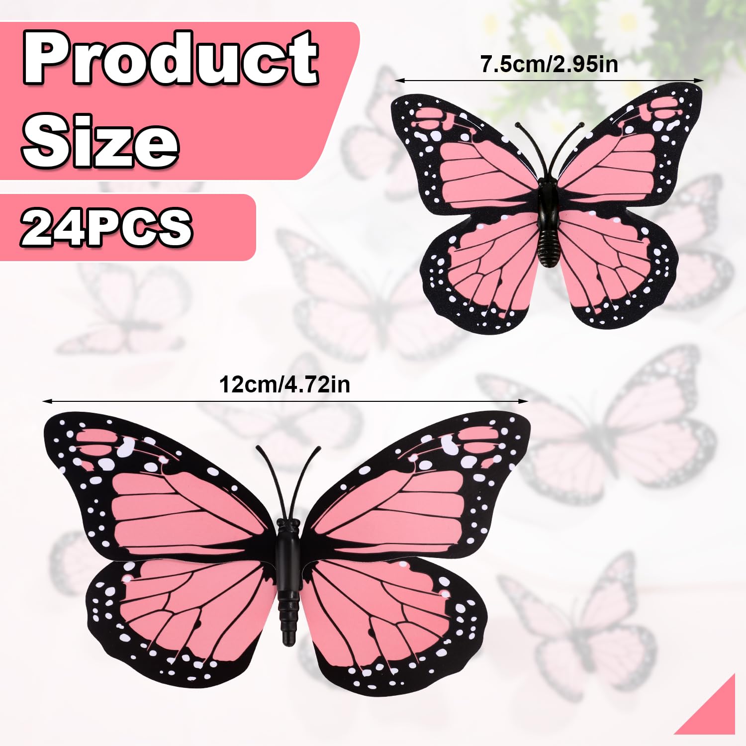 24 Szt. Magnesy Motyl Monarcha, Sztuczny Dekoracje, Naklejki Scienne 3D Motyl Naklejka do Rzemiosla Sciany Domu Wystroju Sztuki Lodówki Halloween Urodzin Imprezy (Rózowy)
