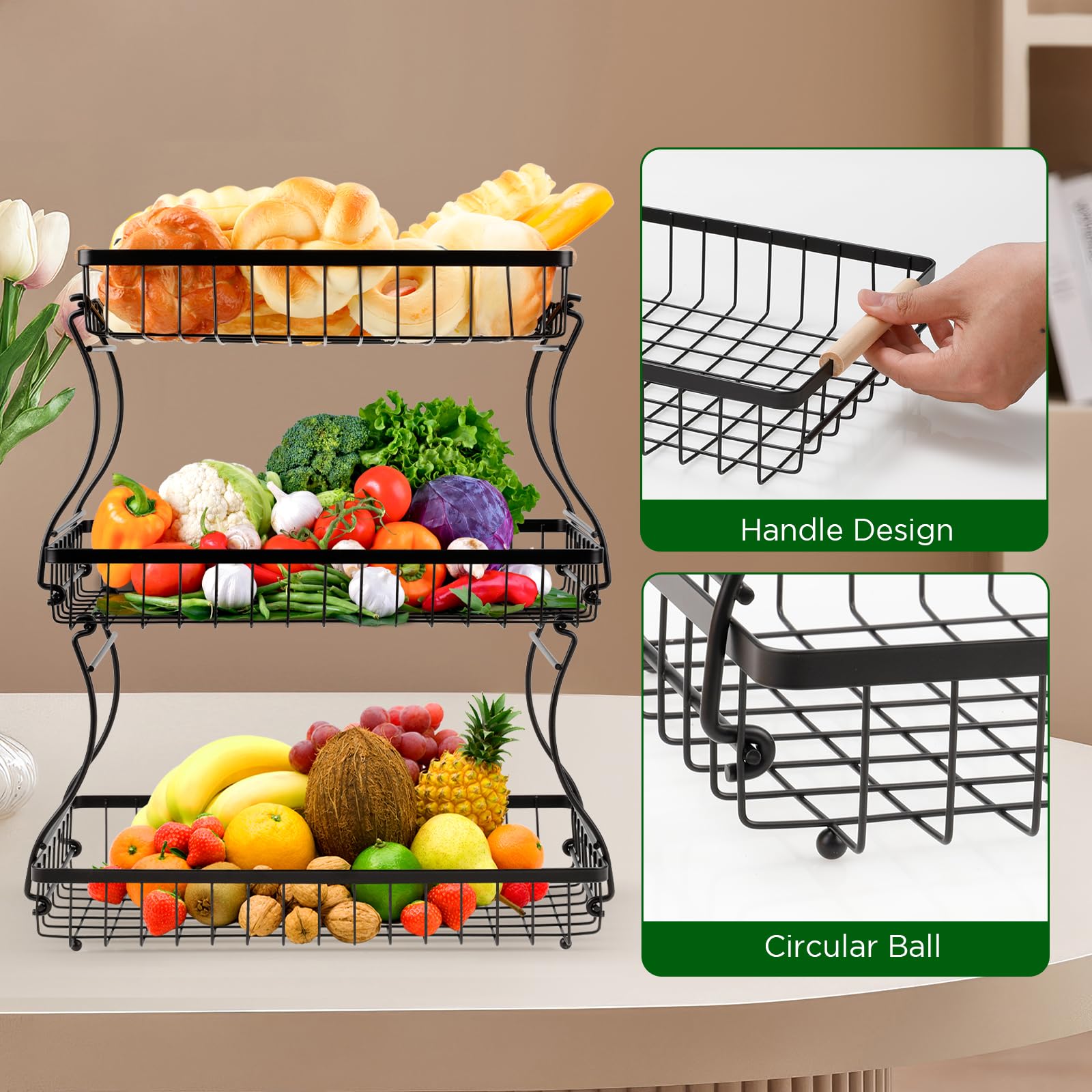 VINATO Frutero de 3 Niveles de Metal – Organizador Moderno con Asas de Madera, para Cocina, Baño & Más – Ideal para Frutas, Verduras & Almacenamiento, Negro